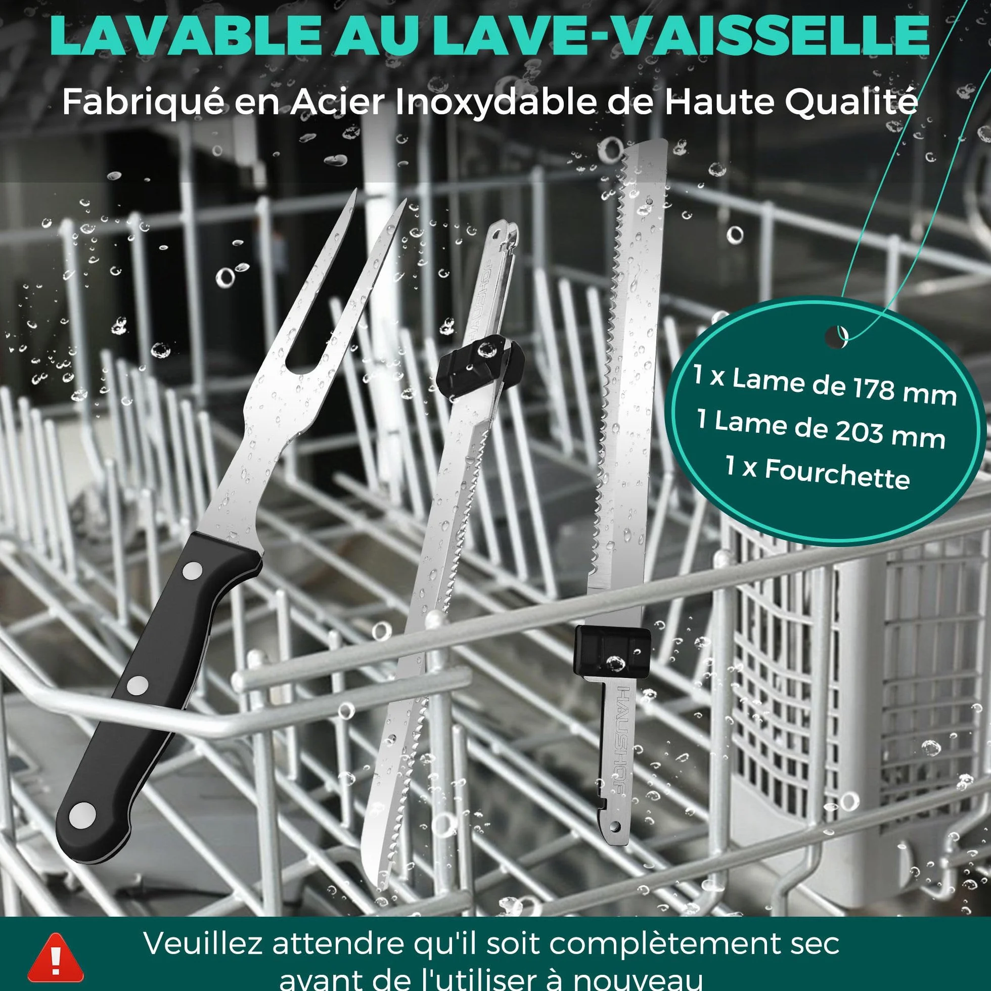 HAUSHOF Couteau à Pain Électrique sans Fil 8V, Lame de 178/203mm et Fourchette, Chargement de Type C, Indicateur d'Alimentation, Lavable au Lave-vaisselle, Couteau de Cuisine pour Viande, Pain, Gris