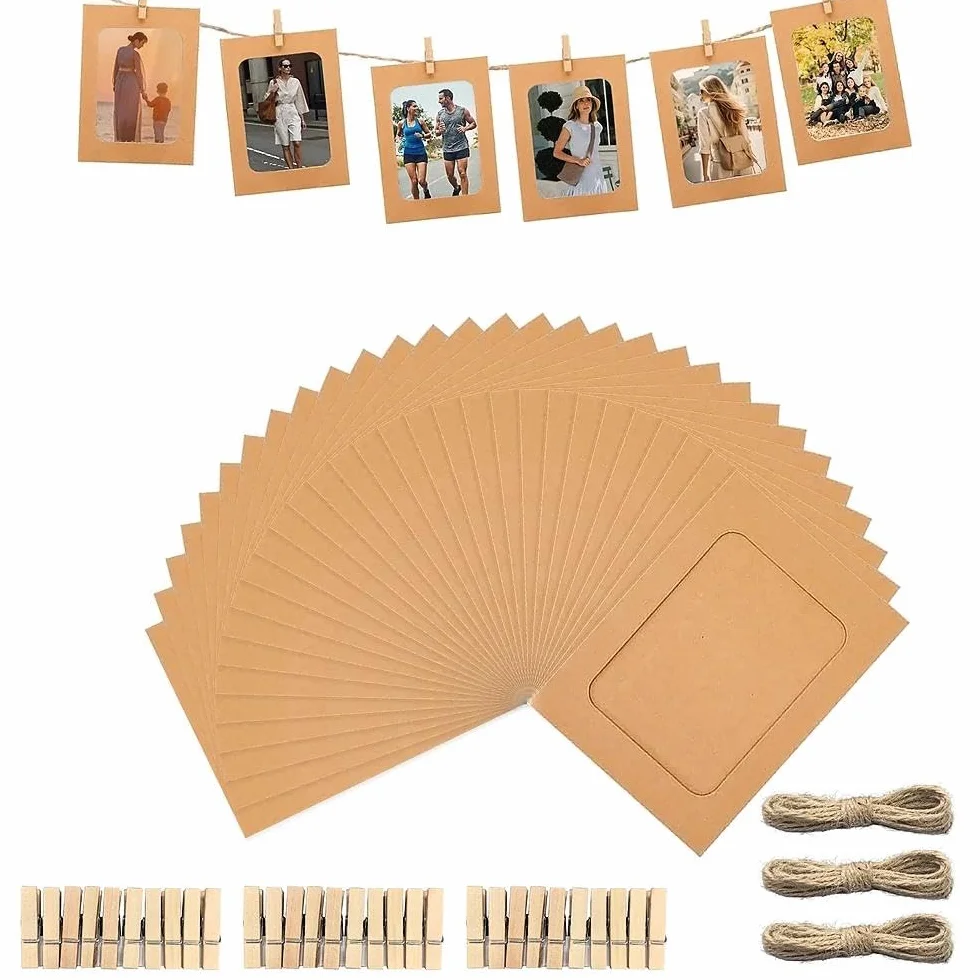 Cadre Photo en Papier Kraft DIY 10x15 30pcs avec Pinces Bois, Cordes Accrocher Photos pour Décoration Murale Kaki