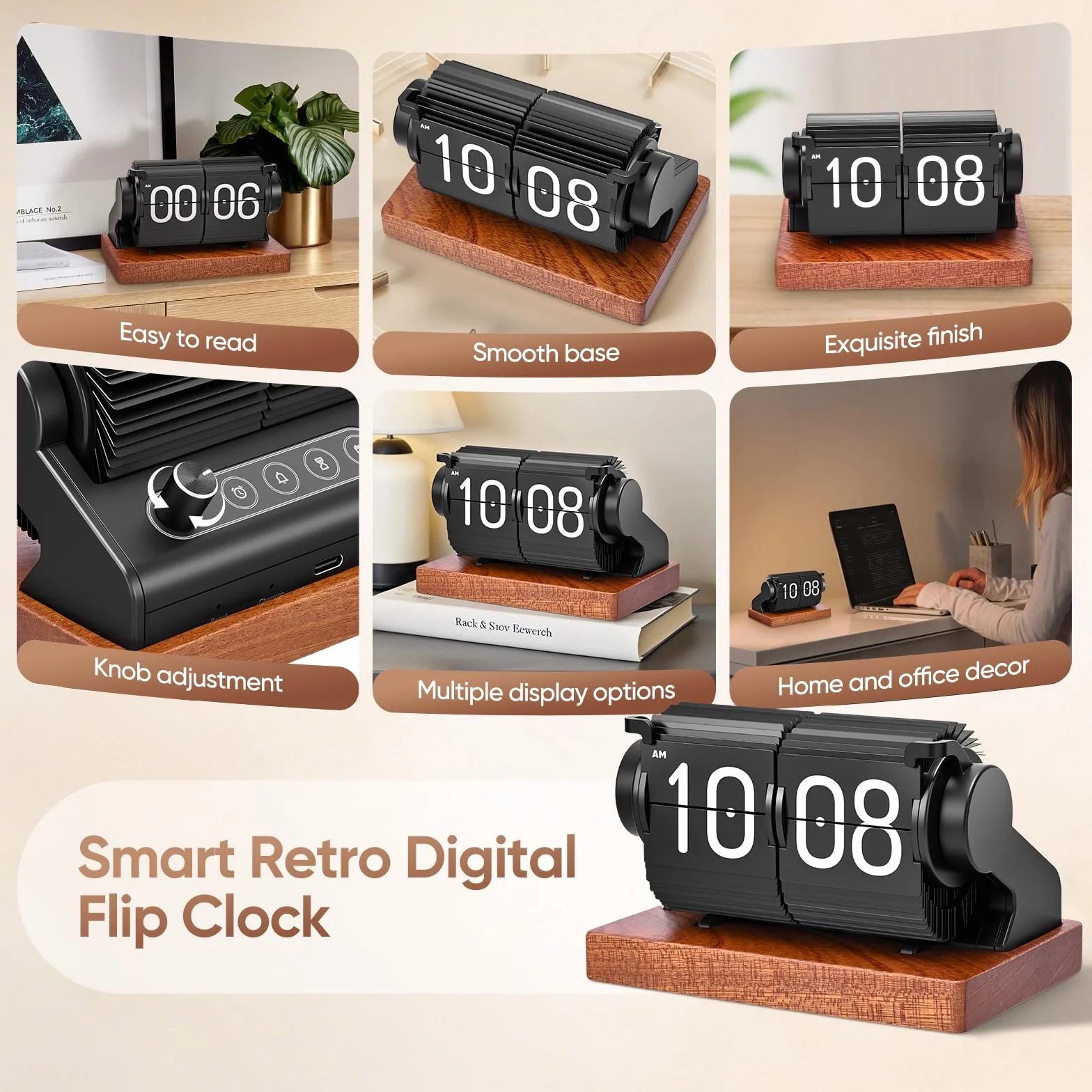Horloge à rabat rétro - Réveil numérique USB C - Grand nombre - Horloge de bureau mécanique vintage - Rotation automatique - Réveil numérique radio-piloté