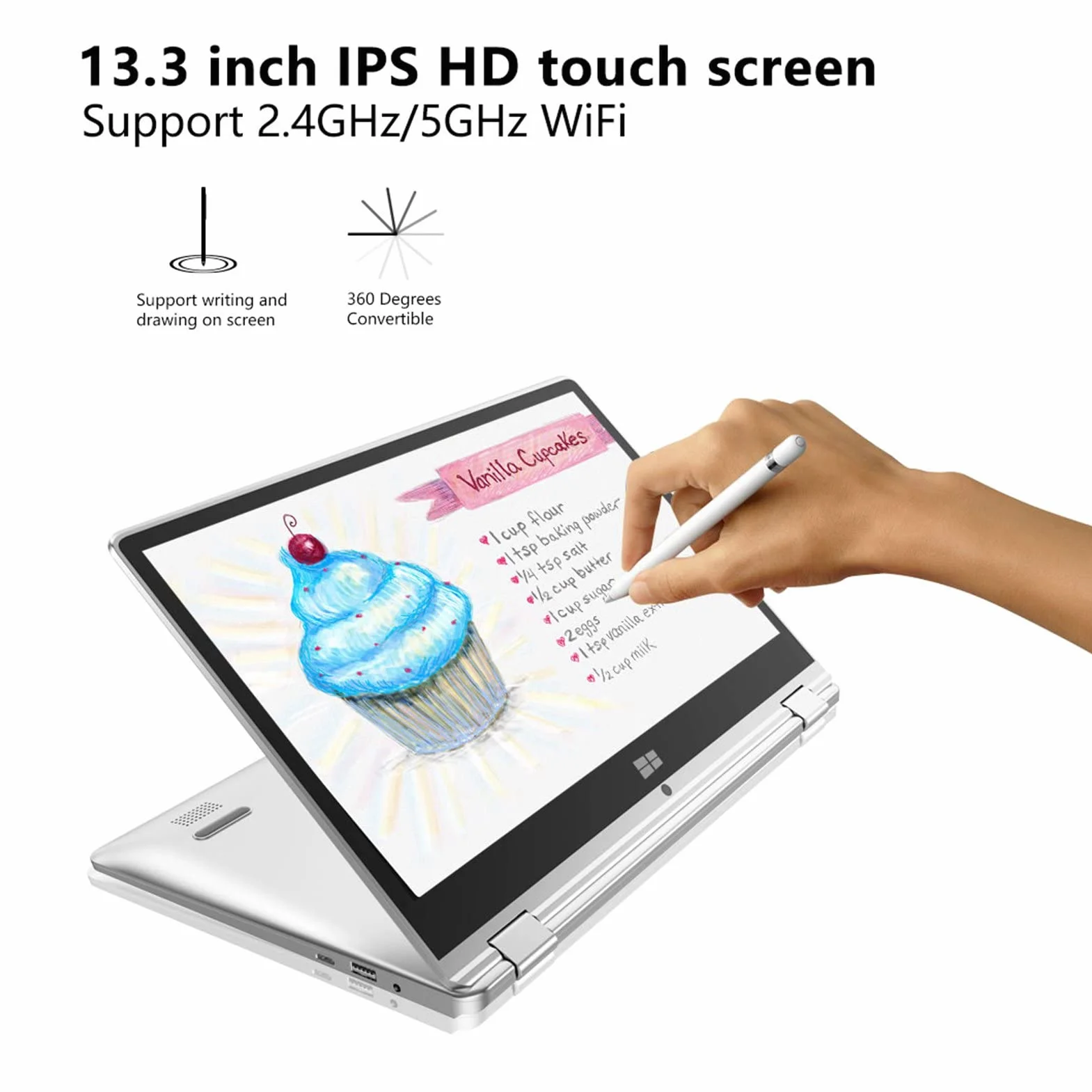 Laptop 2 w 1, Laptop z Ekranem Dotykowym 13,3 Cala Obracanym o 360 °, 1920x1080 16G LPDDR4 256G SSD, Obsługa WIFI, BT, Rozpoznawanie Linii Papilarnych, dla Windows11