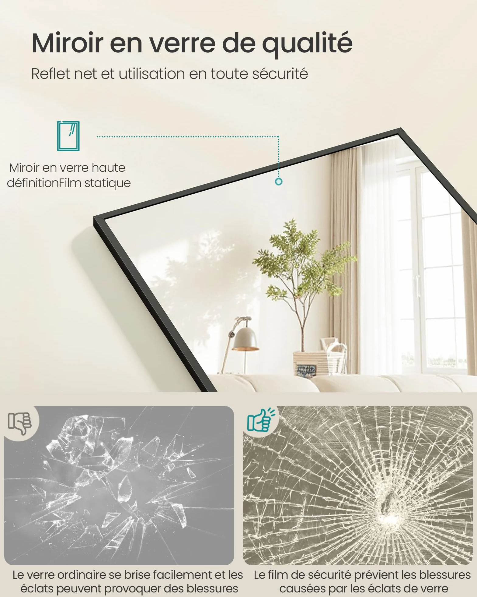 SONGMICS Miroir Intégral, Miroir Rectangulaire sur Pied, à Poser au Sol, Cadre en Alliage d’Aluminium, Verre Trempé, pour Chambre, Salon, Dressing, Coins Droits, 160 x 50 cm, Noir d'encre LFM050BD01