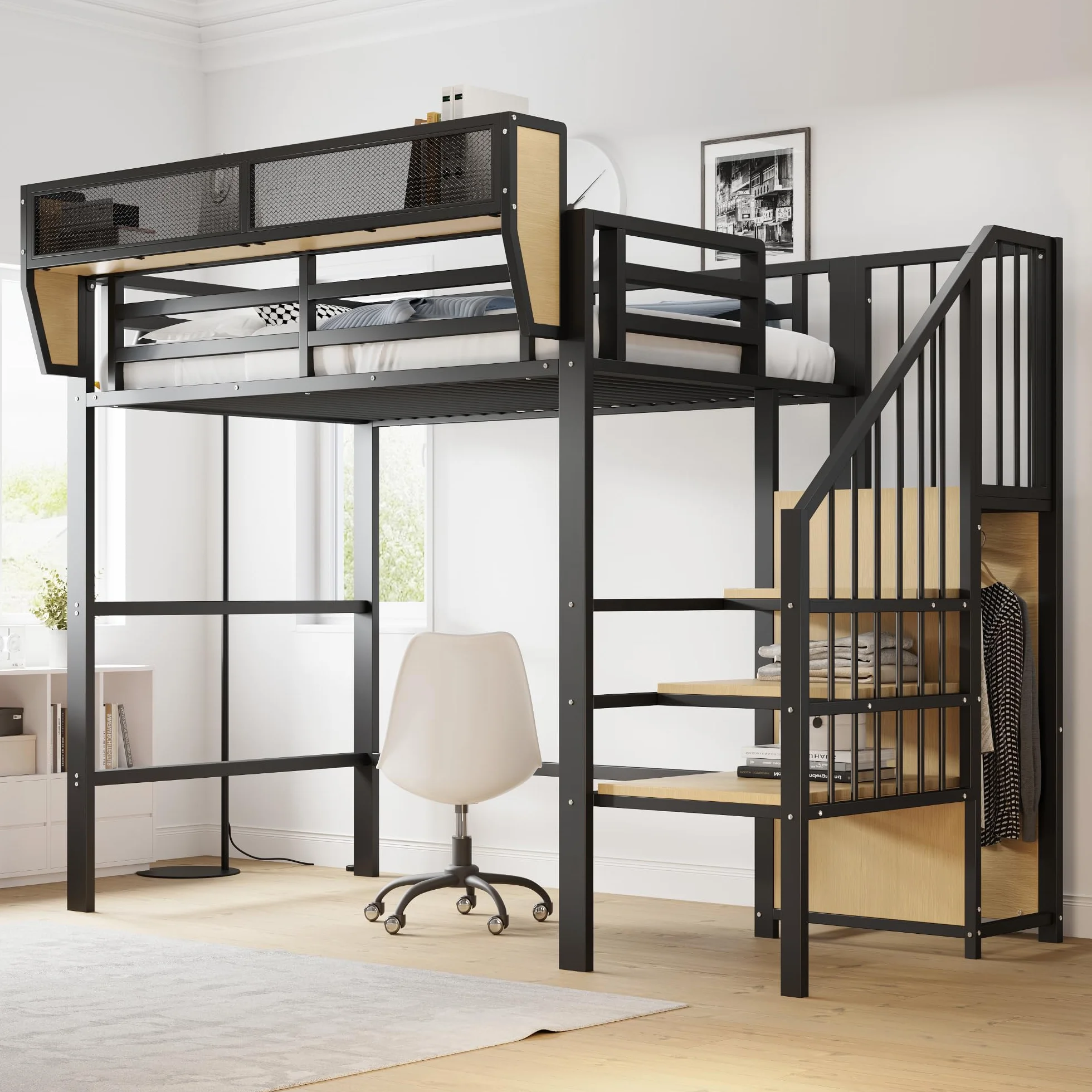 Merax Lit Mezzanine 90x200 cm en métal, avec échelle sécurisée, étagère de Rangement Amovible, lit surélevé Adulte/Enfant, Noir (sans Matelas)
