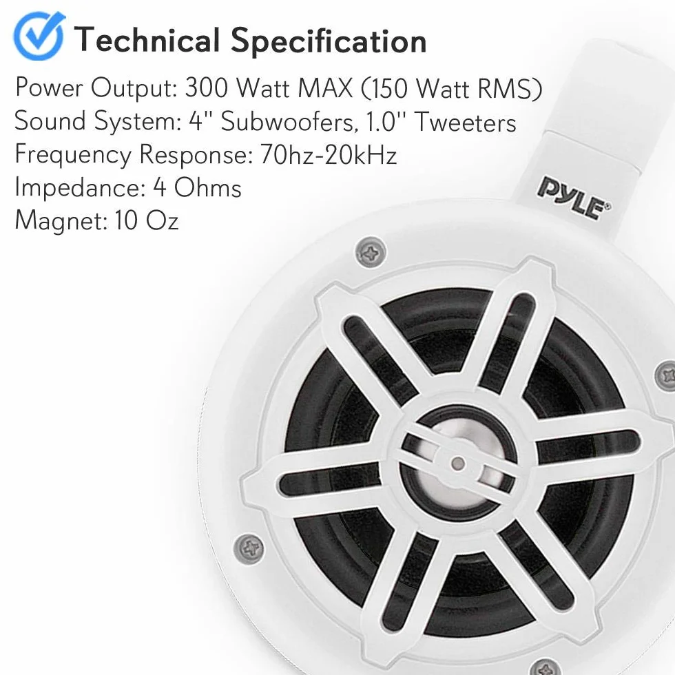 Waterproof Marine Wakeboard Tower Speakers - 4 Inch Dual Subwoofer Speaker Set with 300 Max Power Output - Boat Audio System Kit w/Titanium Dome Tweeters & Mounting Clamps - Pyle PLMRWB45W (White)
