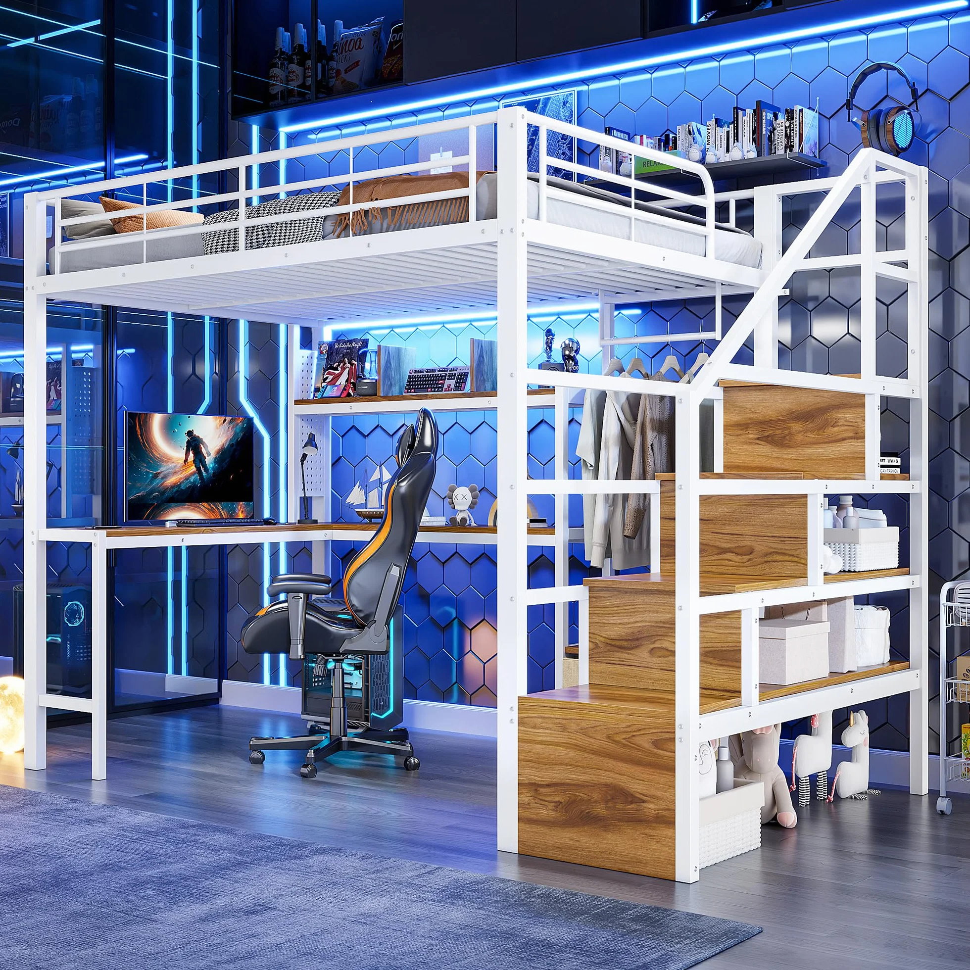 Lit Mezzanine Enfant 140x200 cm - Lit Enfant 1 Place avec Bande LED, Rangement, Cadre en Fer, 2 Tiroirs, Grille De Suspension, Bureau, Escalier avec Rangement, Blanc (sans Matelas)