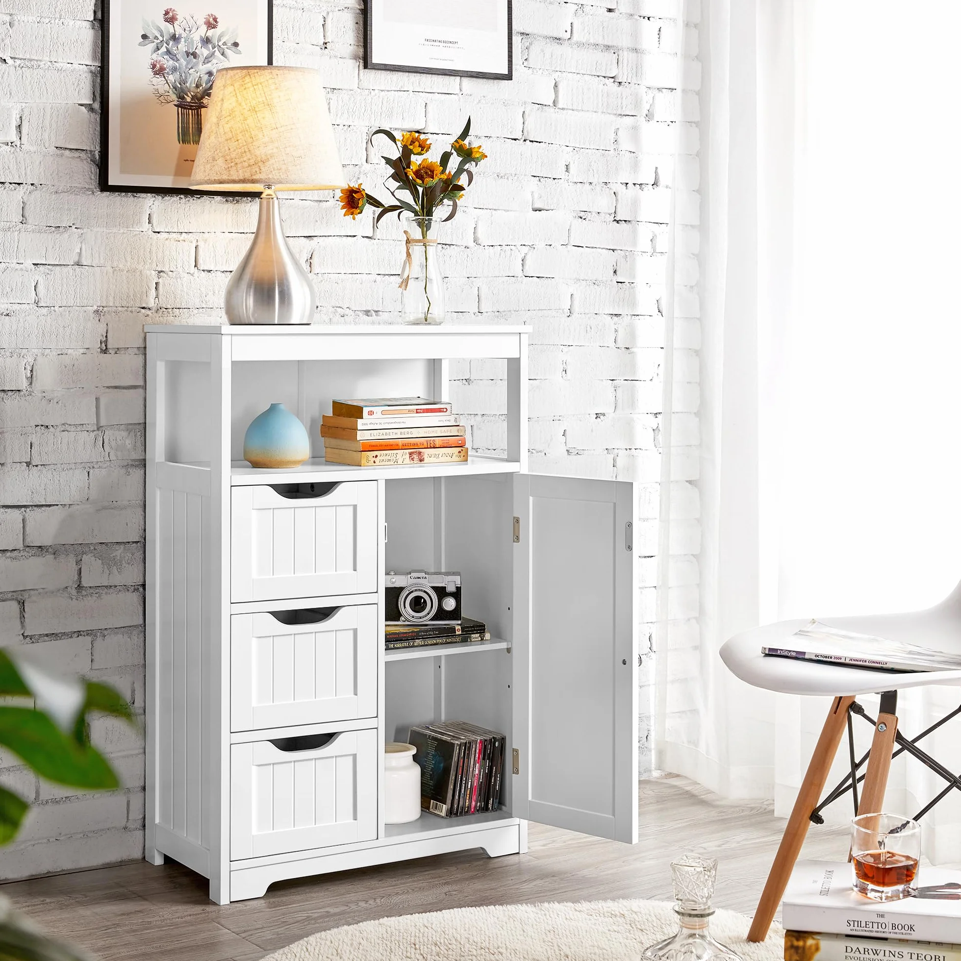 Yaheetech Meuble/Commode de Salle de Bain en Bois, 55,5 x 29,5 x 86,5 cm, avec 3 Tiroirs, 1 Placard, 1 Compartiment Ouvert, Salon, Cuisine, Couloir Blanc