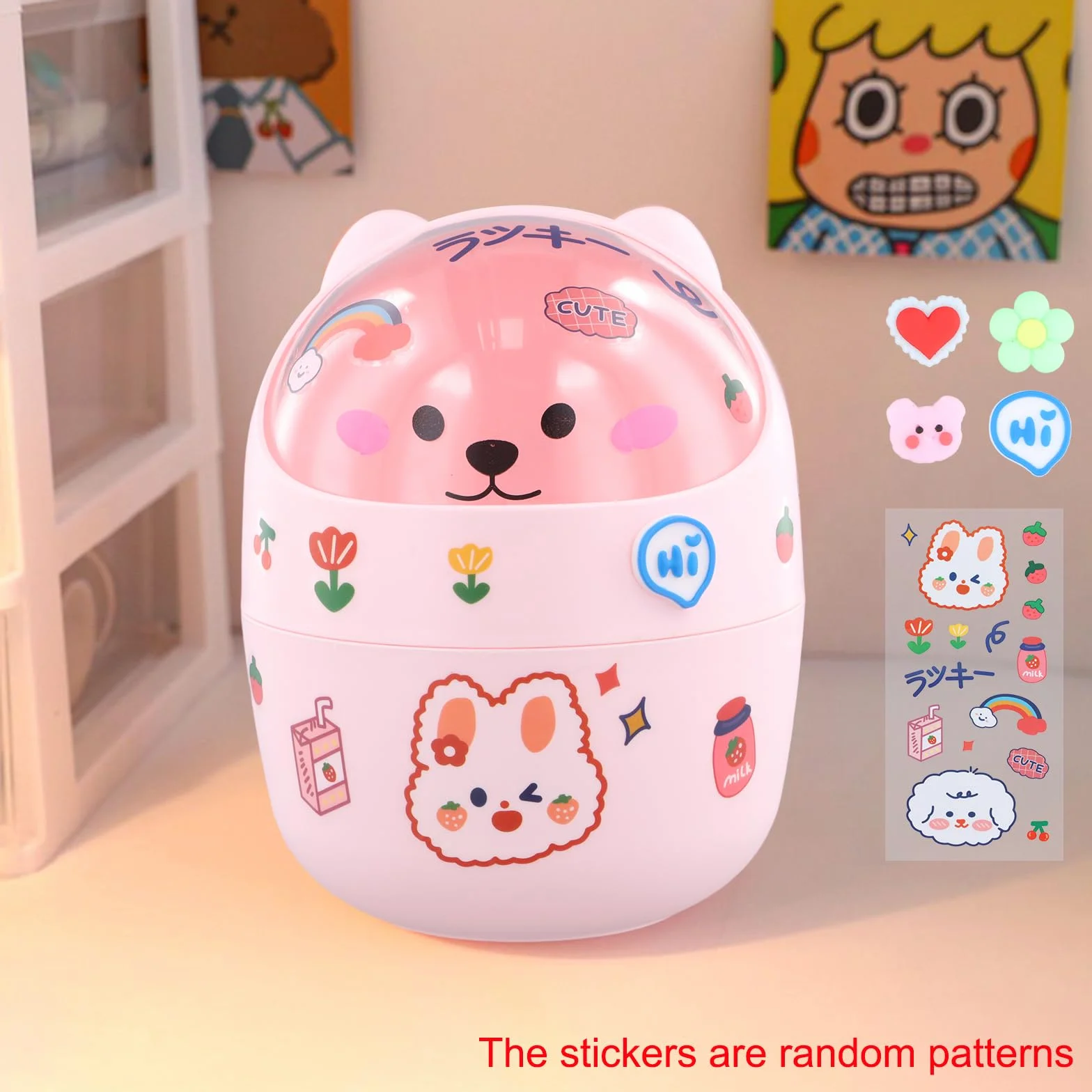 Poubelle de Table Ministère avec Couvercle, Porte Stylo Amovible, Corbeille à Papier Plastique Rose
