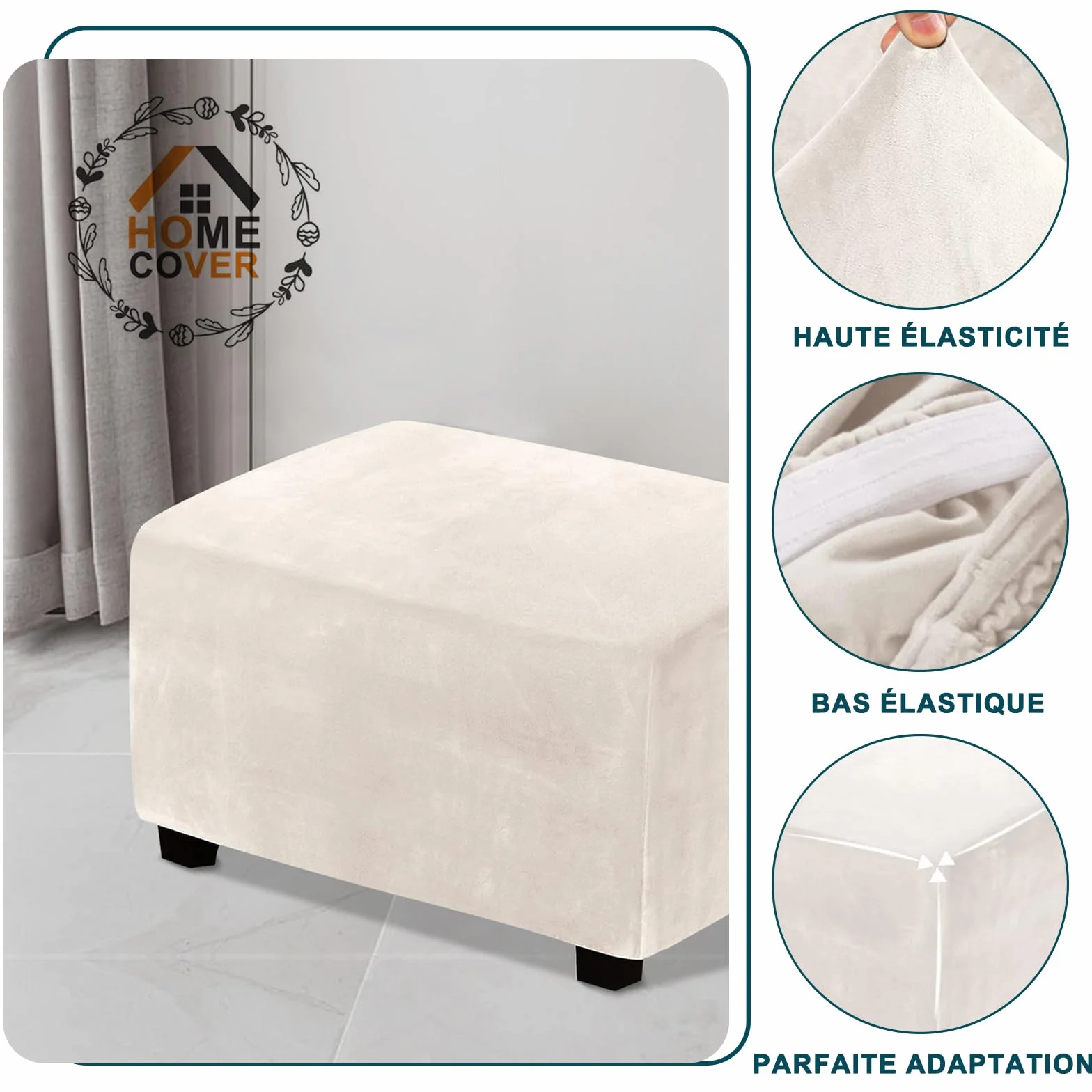 Housse Ottoman Rectangulaire Extensible Velours Repose-Pieds Amovible Antidérapant Blanc Crème