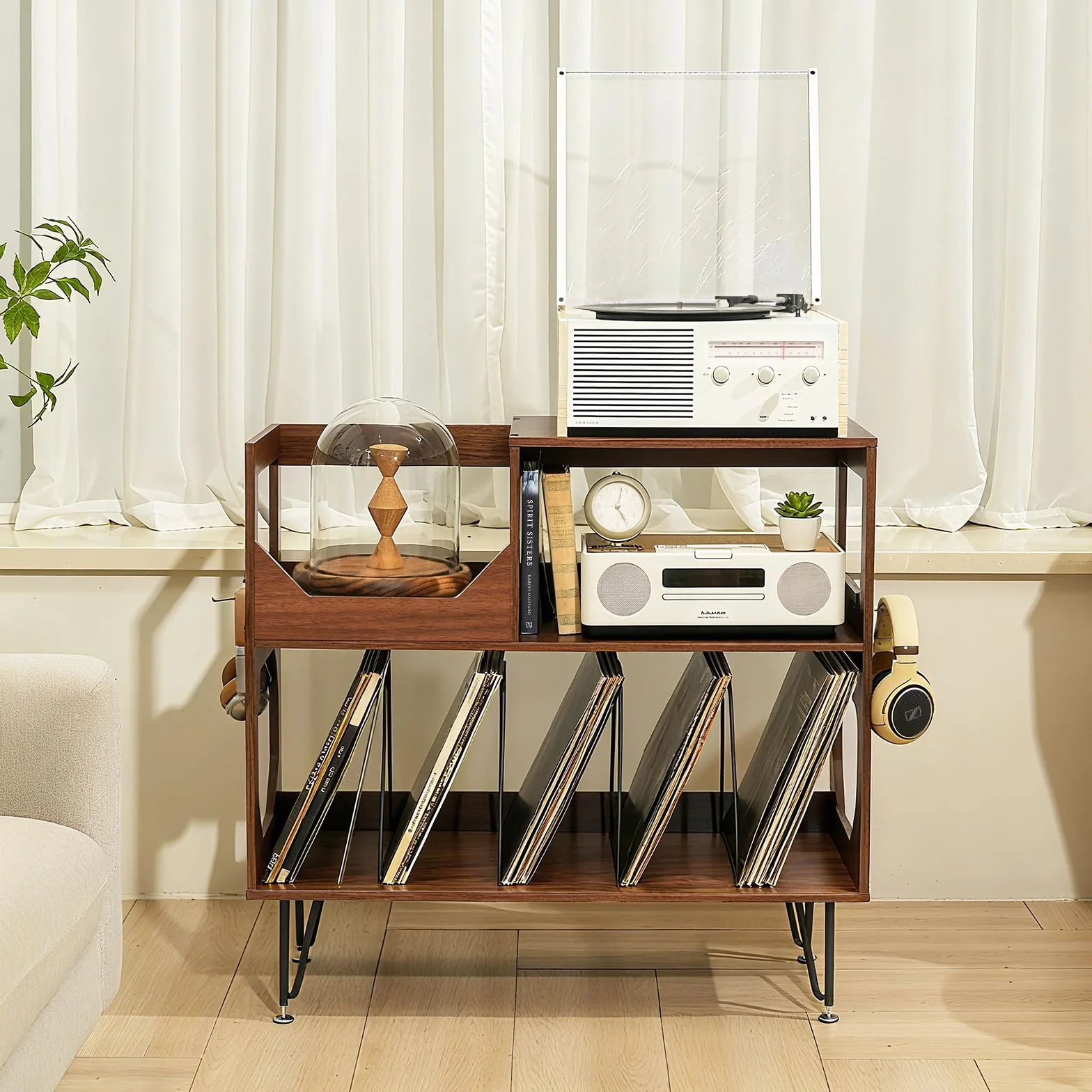 ikkle Grand support de tourne-disque rustique à 2 niveaux avec rangement de disques vinyle, armoire de rangement en vinyle avec pieds en métal, support pour salon, chambre à coucher, peut contenir 370