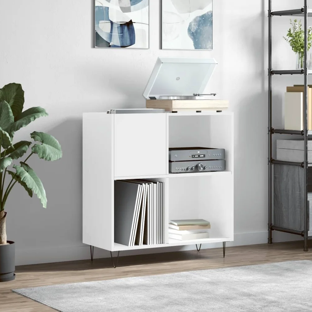 vidaXL Armoire à Disques, Support de Tourne-Disque, Armoire Latérale avec Rangement, Buffet de Salon, Moderne, Blanc Brillant Bois d'Ingénierie