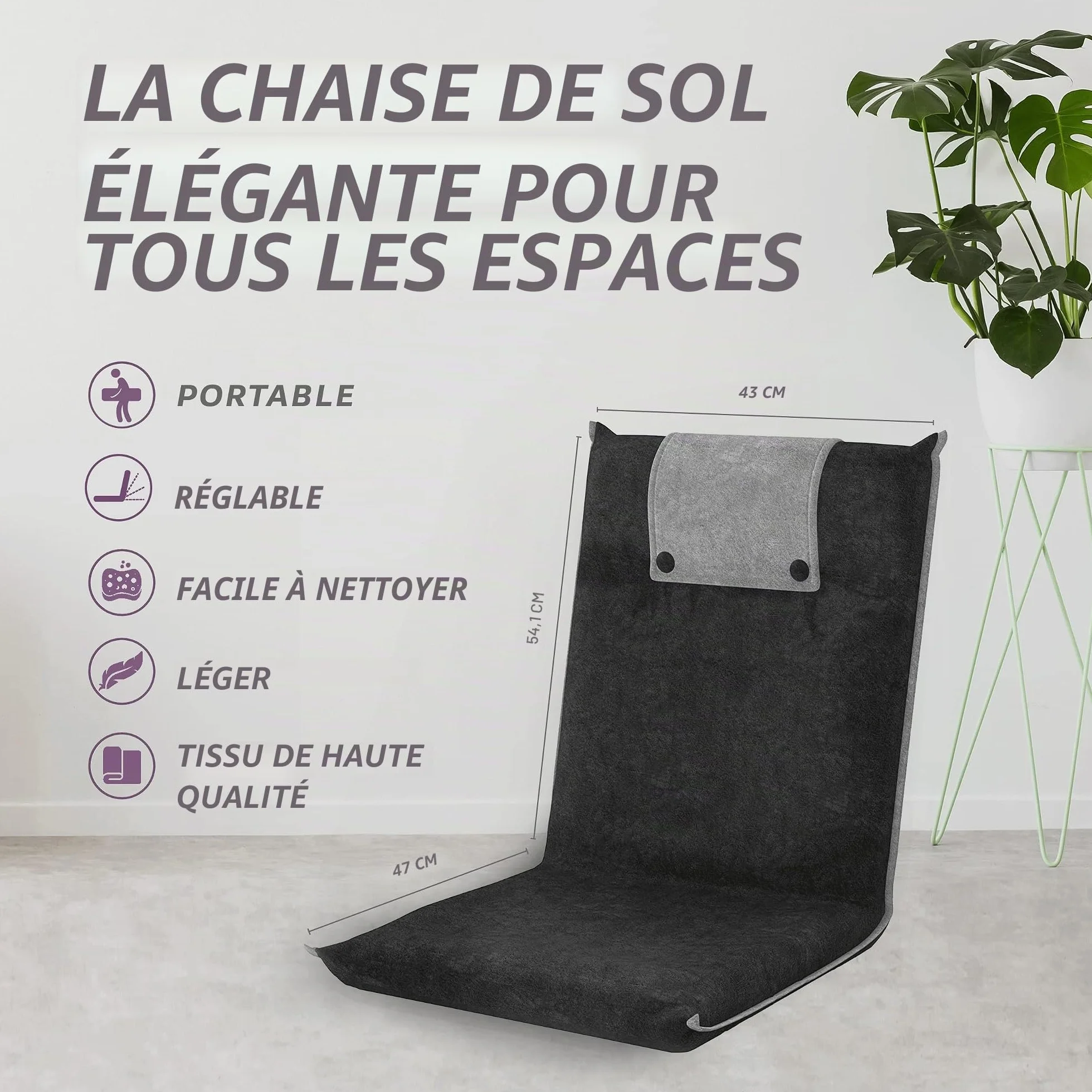 bonVIVO Easy II Fauteuil de Sol Rembourré pour Adultes et Enfants avec Dossier Réglable - Chaise de Sol Pliable, Siège Méditation, Yoga