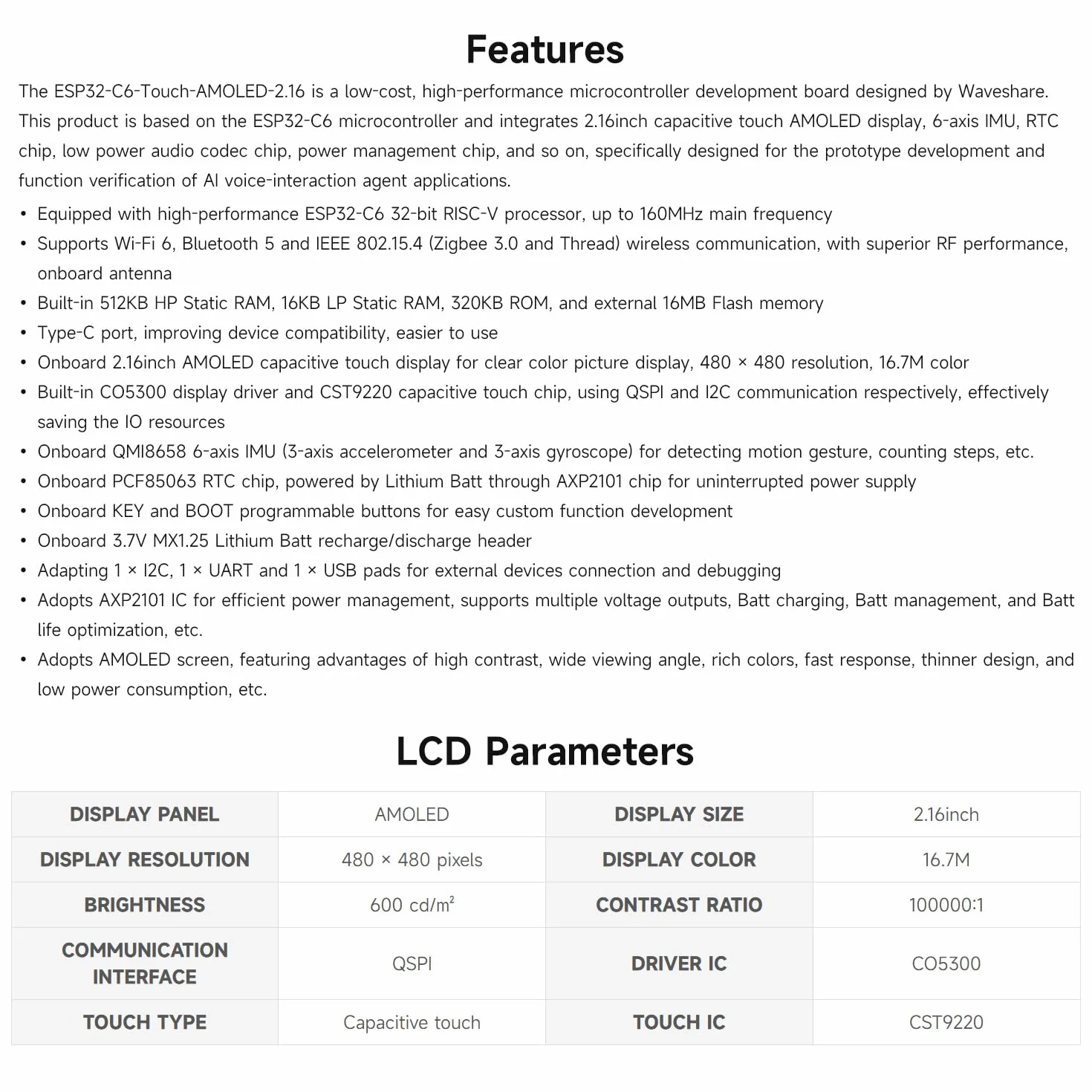 Waveshare ESP32-C6 2.16inch AMOLED Display Touch Screen Development Board, 480 x 480 Resolution, 16.7M Color, Supports Dual Microphones, Wi-Fi 6 And BLE 5, No Batt