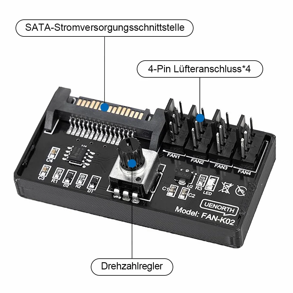 Joycabin Cooling Fan Speed Knob Controller regulator prędkości wentylatora, 4-pinowy, sterowanie wentylatorem PWM 12 V, adapter wentylatora, wentylator, regulator prędkości, interfejs zasilania SATA