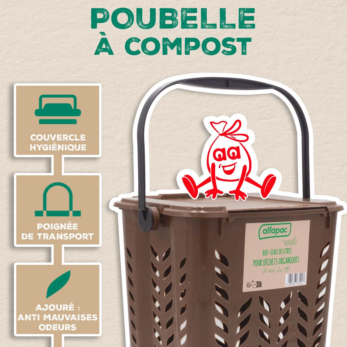 Alfapac by Solubio Poubelle à Compost 10 Litres Déchets Organiques