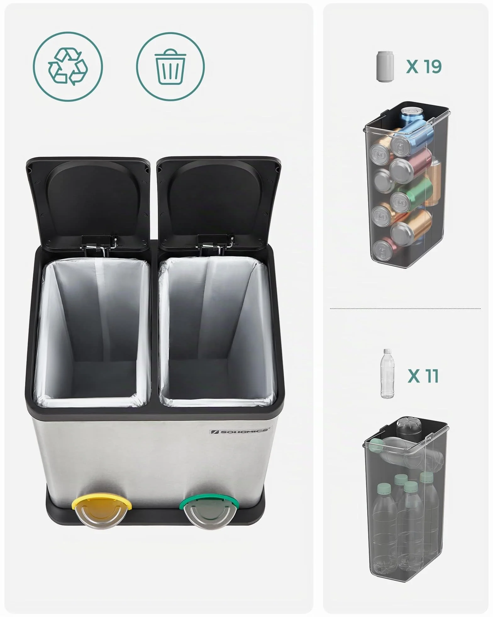 SONGMICS Poubelle de recyclage 30 L, seau de tri avec pétales, acier, 2 x 15 L, seau intérieur amovible, argent et noir LTB30L