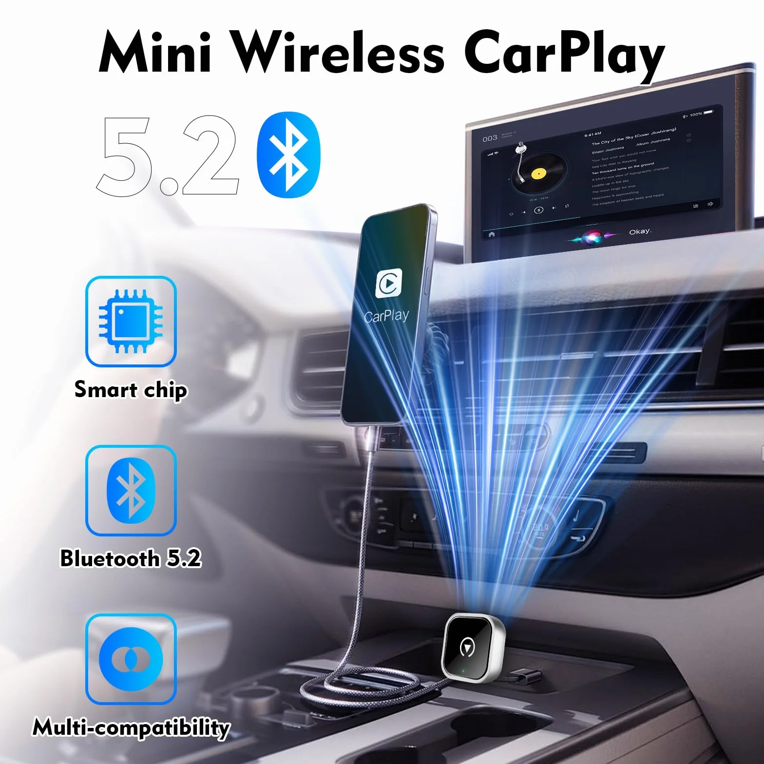 Bezprzewodowy adapter Carplay, 2 w 1, bezprzewodowy adapter Carplay, konwertuje przewodowy samochód Carplay/Android na bezprzewodowy, podłączany i gotowy, mini adapter Carplay