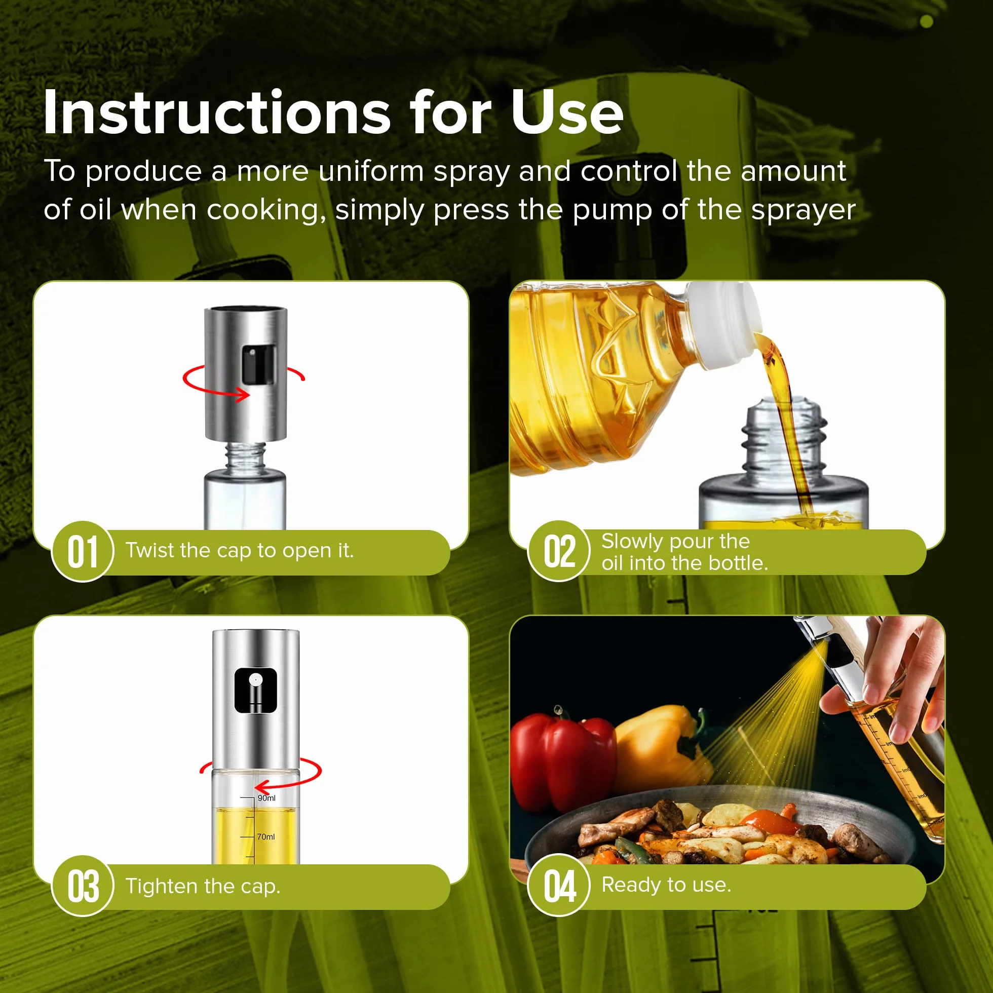 PORTENTUM Pulvérisateur d’Huile 100 ml Inox Huile Spray Cuisine Friteuse Air Huilier Verre Antigoutte