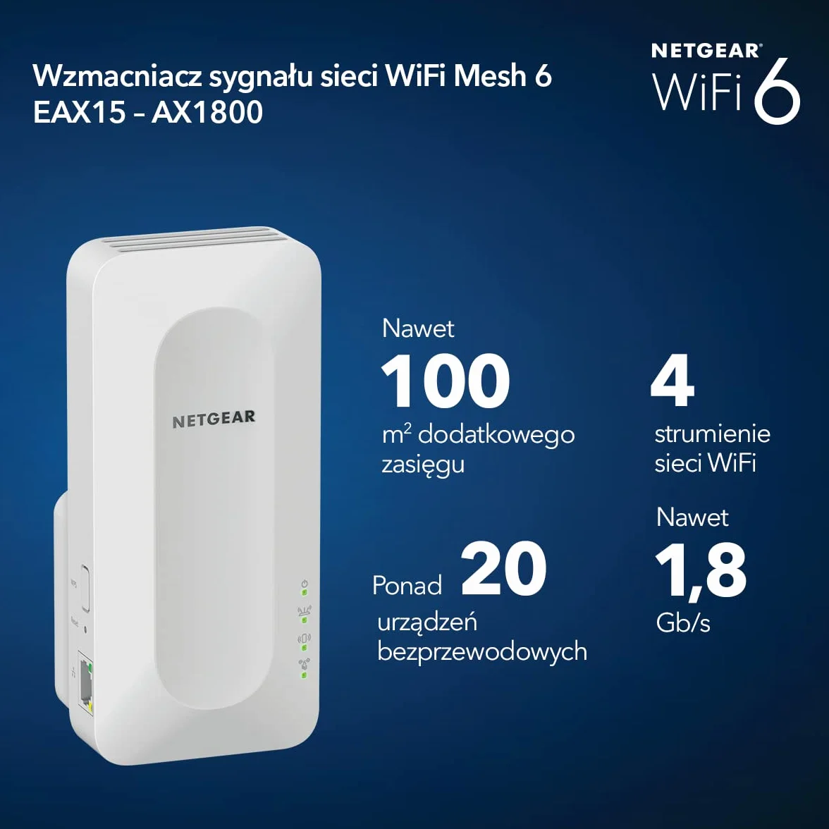 NETGEAR Wzmacniacz sygnału WiFi 6 (EAX15) – rozszerza zasięg do 100 m², do 20 urządzeń, AX1800 Dual-Band (do 1,8 Gb/s), WPA3, Smart Roaming, jedna nazwa sieci