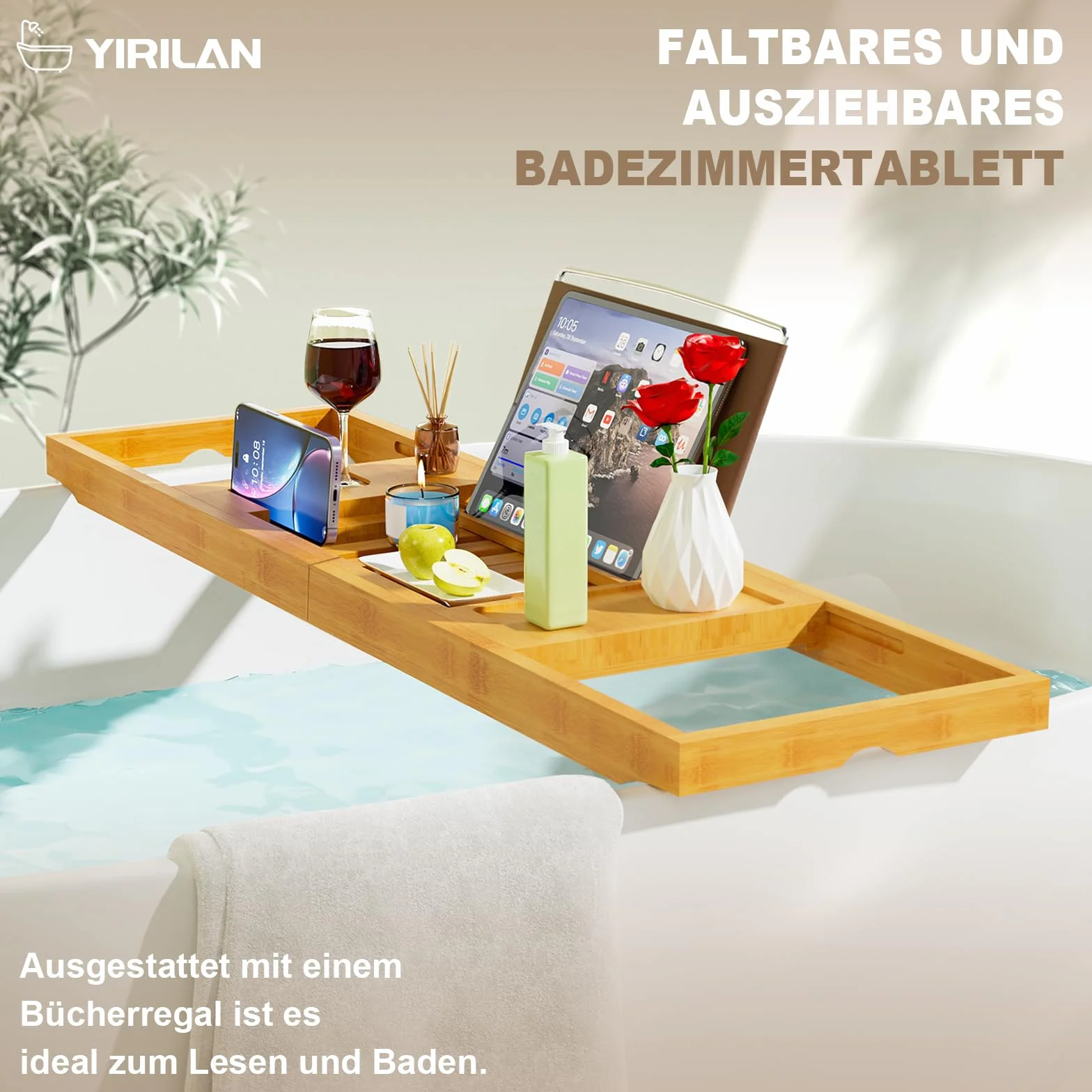 Plateau de baignoire extensible en bambou 1-2 personnes bois tissu de luxe