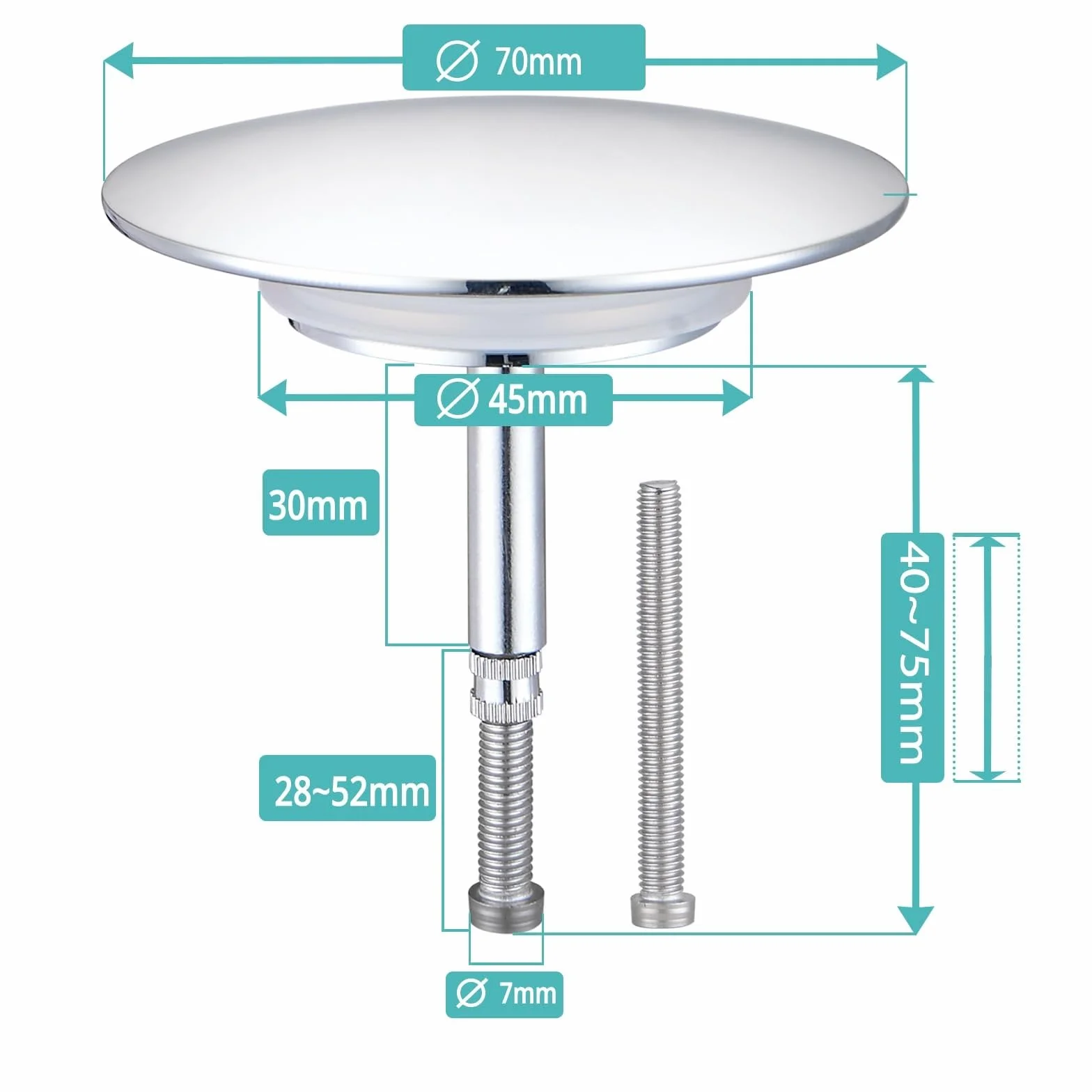 Bouchon de vidange de Baignoire chromé 70 mm réglable 4,0-7,5 cm Double Joint d'étanchéité