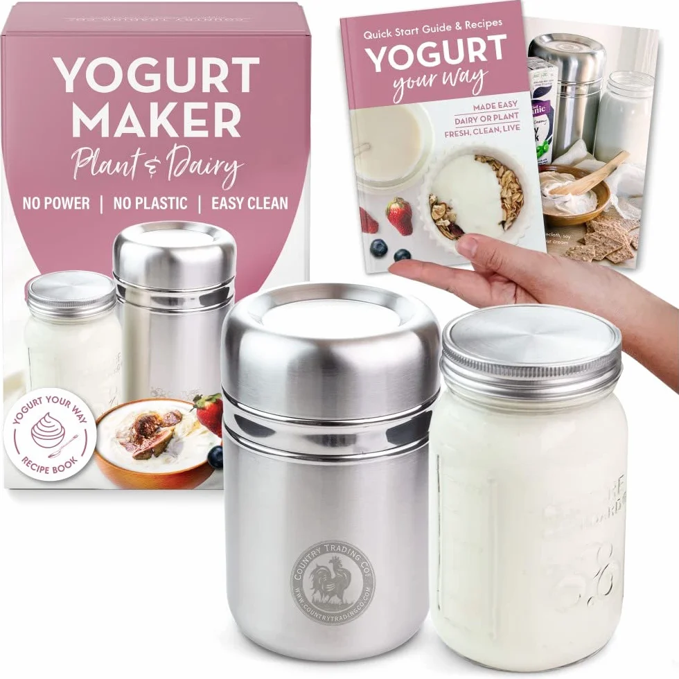 Yaourtière en acier inoxydable avec bocal en verre de 1 quart (0,95 litre) et livre de recettes complet pour faire plus de 12 yaourts faits maison sans produits laitiers et au lait