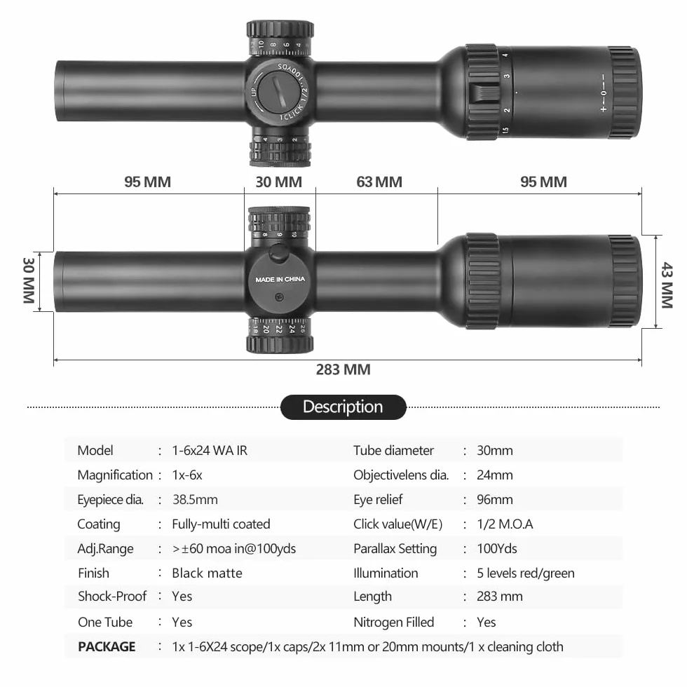 SPINA OPTICS Luneta taktyczna 1-6x24 LPVO luneta druga luneta ogniskowa czerwono-zielona podświetlana z przesuniętym mocowaniem lunety (z mocowaniem 301)