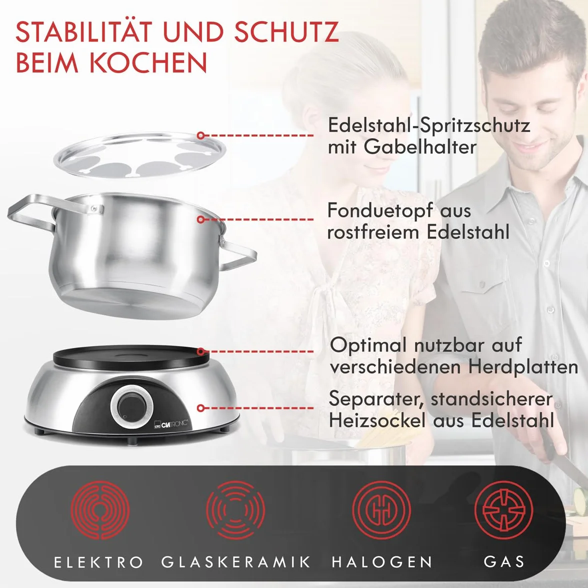 Clatronic 263981 FD 3783 Faitout électrique avec protection anti-éclaboussures amovible pour 8 personnes avec code couleur Capacité max. 1,2 l/1400 W Acier inoxydable