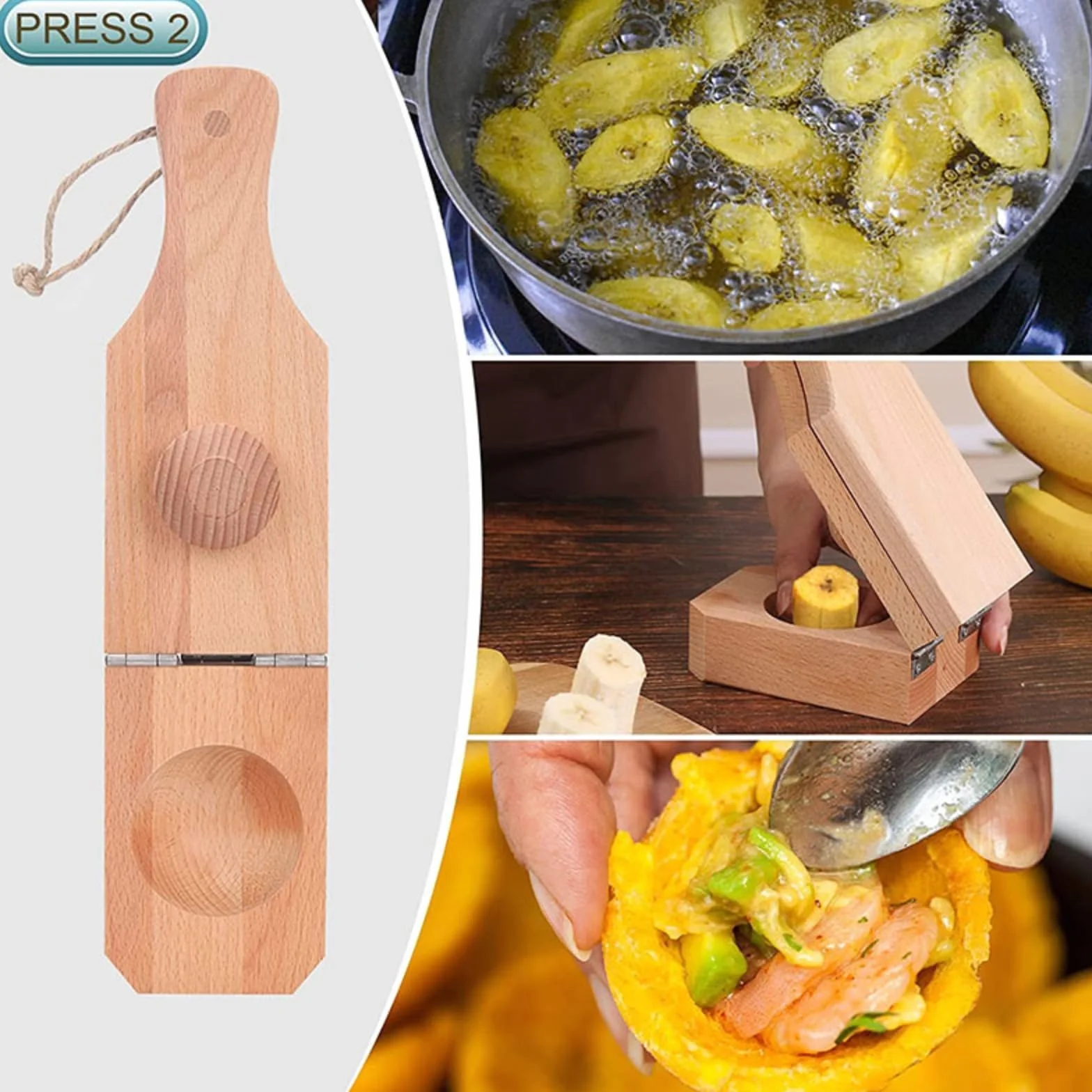 Presse à bananes en bois 2 en 1 pour plantain et chips de banane
