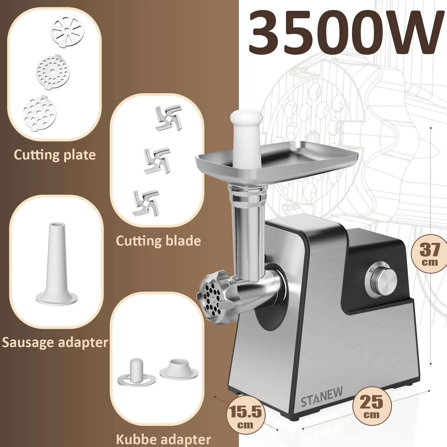 STANEW Hachoir a Viande Électrique Professionnel, 4 en 1 Hachoir à viande en acier inoxydabl, saucisses électrique avec 3 plaques en acier (4 mm, 8 mm, d'éventail) et 3 lames, 3500W Moteur en cuivre