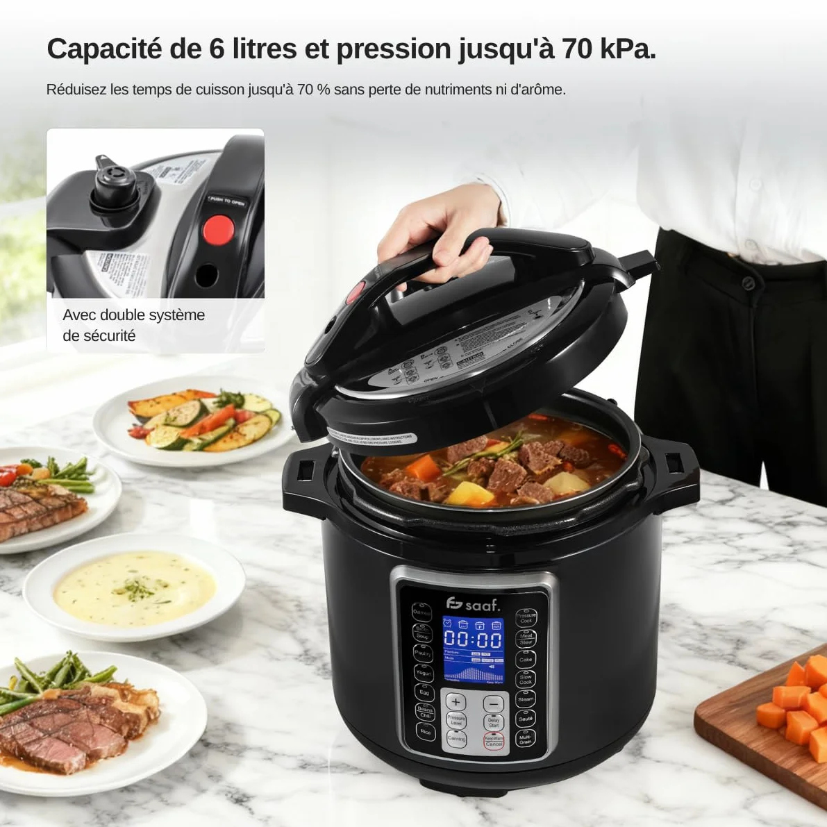 Saaf Multicuiseur – Set 11 Pièces – 12 Programmes – Slowcooker, Cuiseur à Riz, Vapeur & Cocotte-Minute – 6L – Avec Couvercle, Cuve, Cuillère, Verre Doseur & Livre de Recettes – Écran Digital