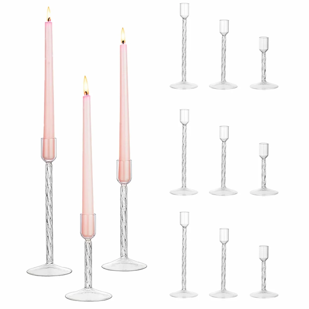 Hewory Lot de 12 bougeoirs en verre - Transparent - Décoration de mariage - Décoration de table vintage - Pour décoration de salon, Noël