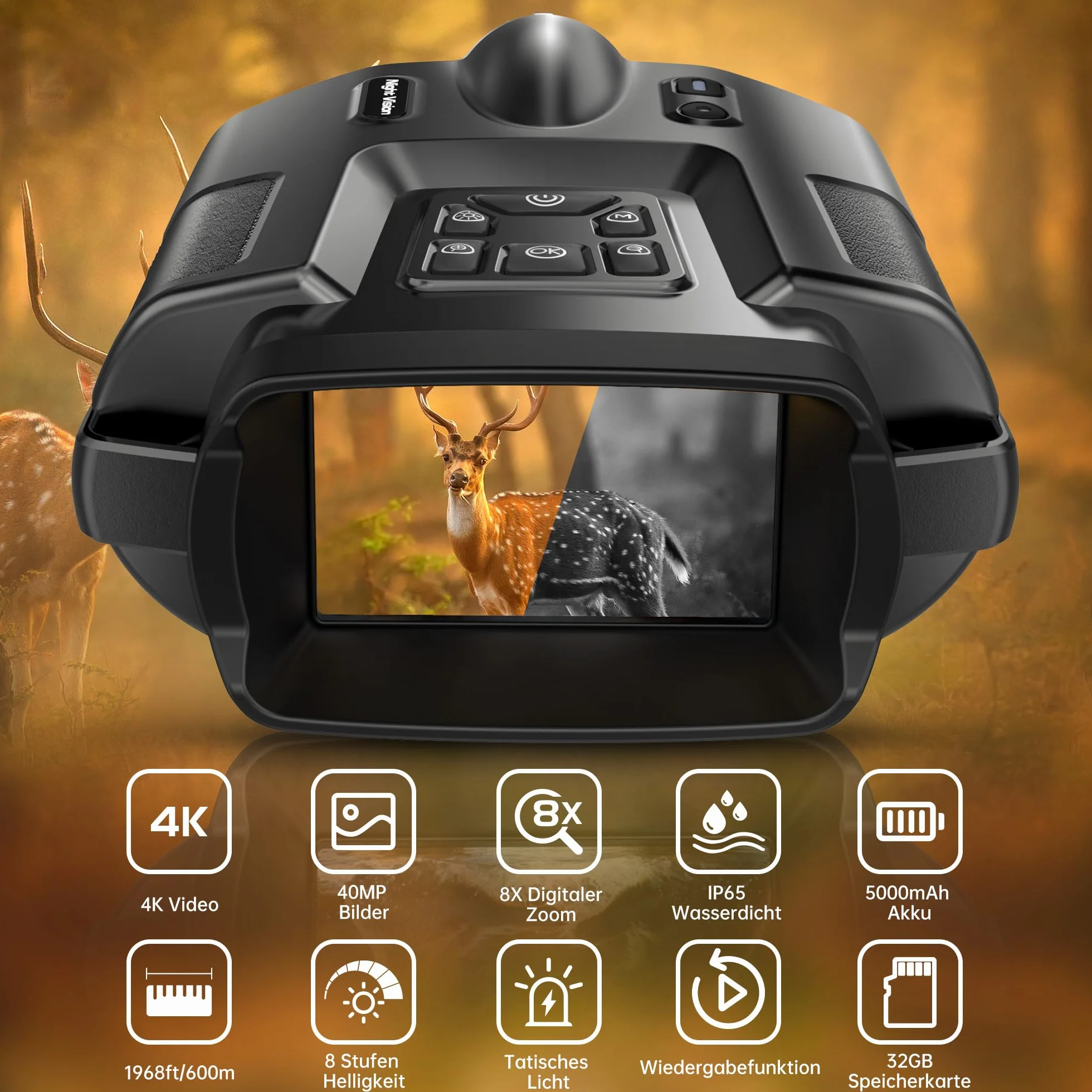 TKWSER noktowizor, 4K 5000 mAh, możliwość ponownego ładowania, 3", 600 m, 8 x, cyfrowy zoom na podczerwień, noktowizor, IP65, noktowizor, na polowanie, kemping, do obserwacji z kartą TF 32 GB