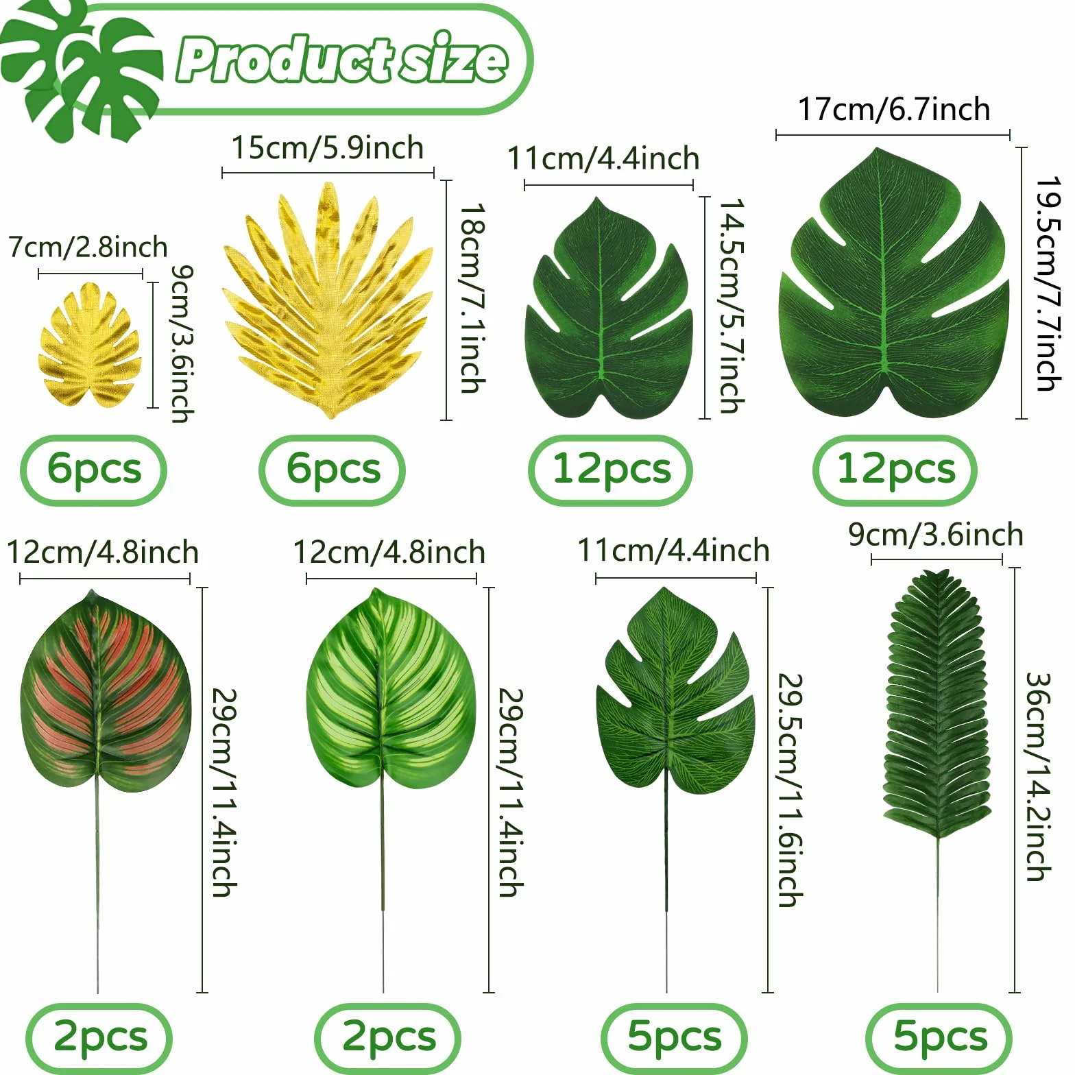QUOZUO 50 Pièces Feuilles Tropicales Artificielles Palmier Monstera Plantes Tropicales Décorations Vert Or