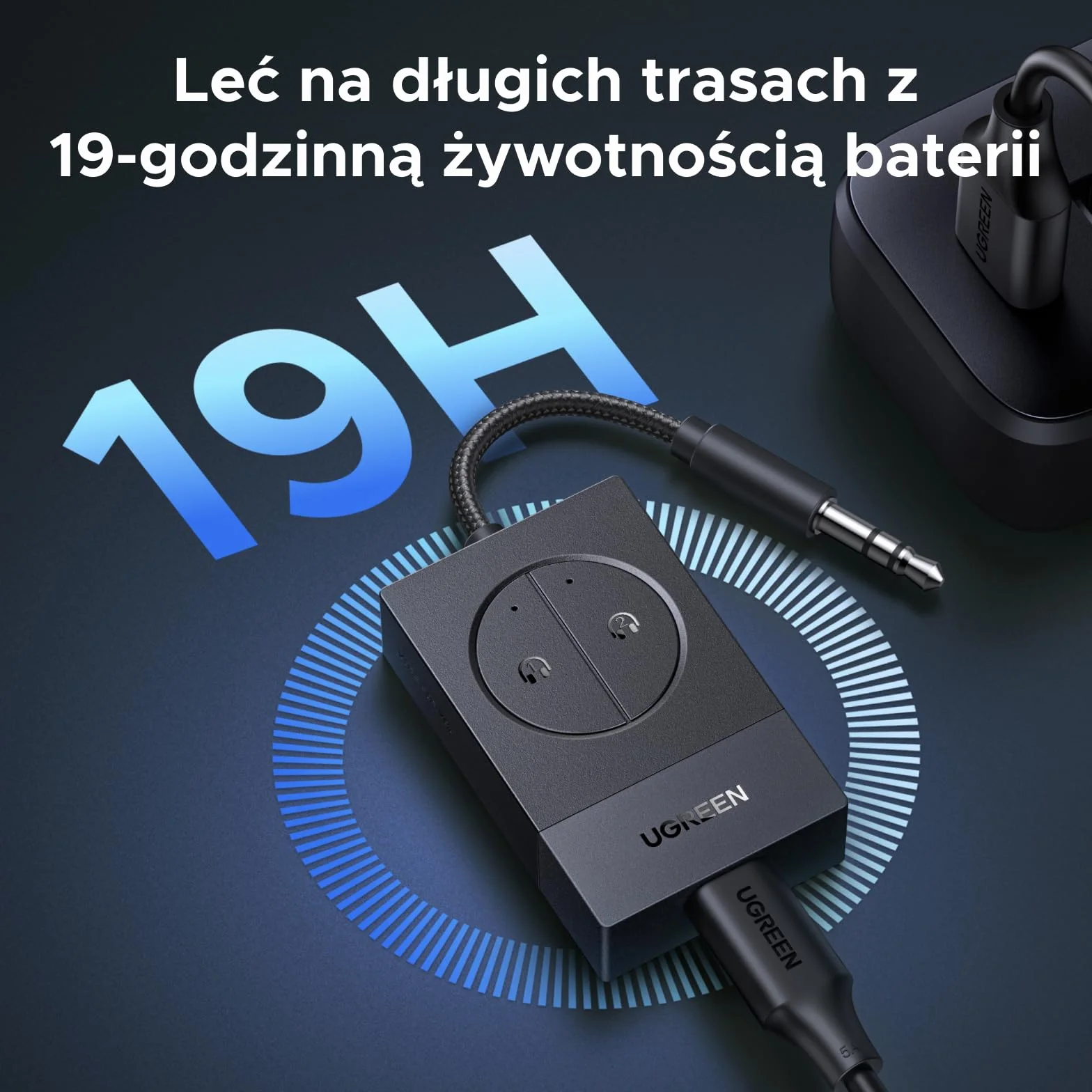 UGREEN Adapter Bluetooth do samolotu, nadajnik Bluetooth 5.4 do 2 AirPodsów lub słuchawek, czas pracy baterii 19 godzin, gniazdo Bluetooth AUX 3,5 mm, kompatybilny z samolotem, telewizorem i siłownią