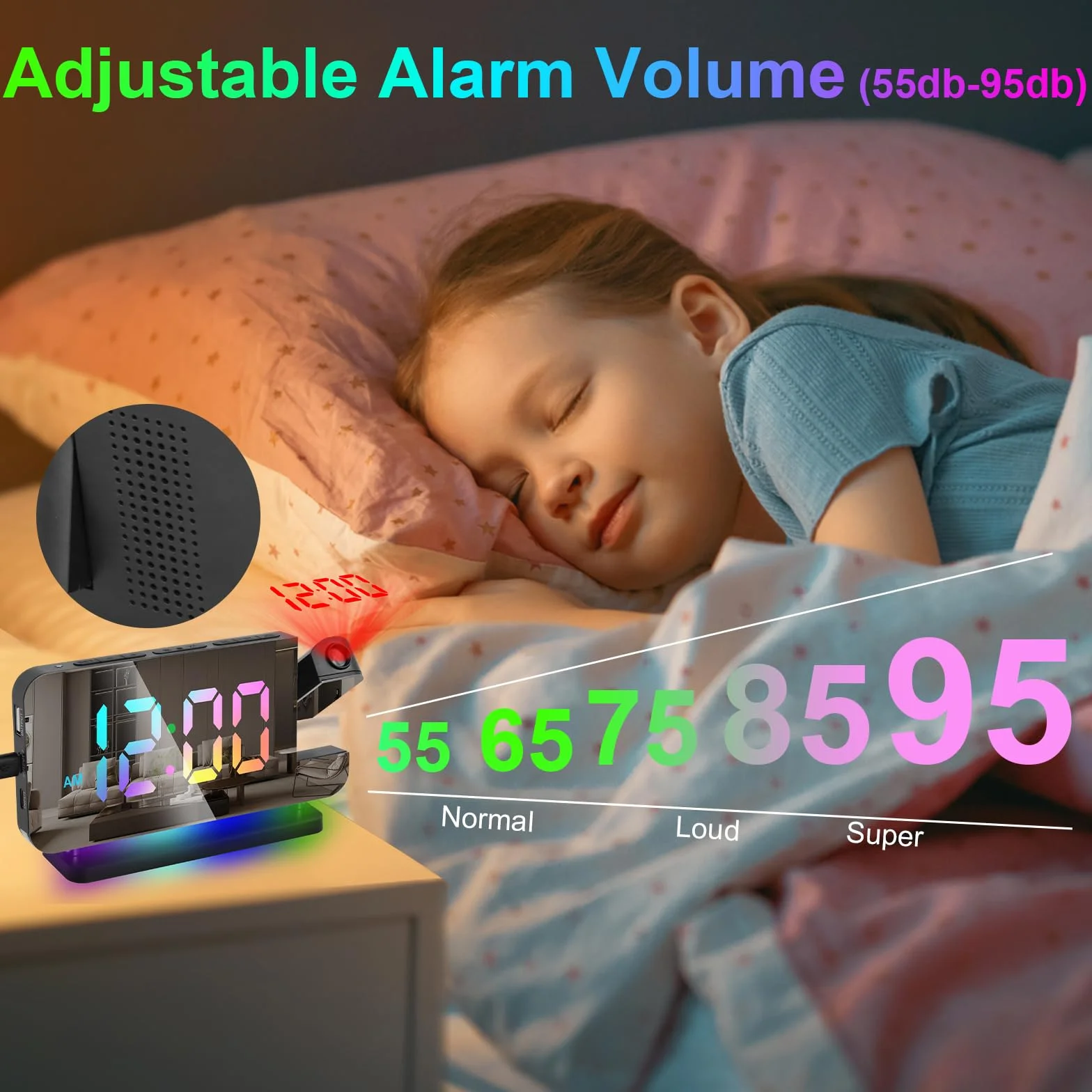 Réveil à Projection avec Projecteur Rotatif 180°, Affichage LED 11 Couleurs, Luminosité Réglable, Snooze