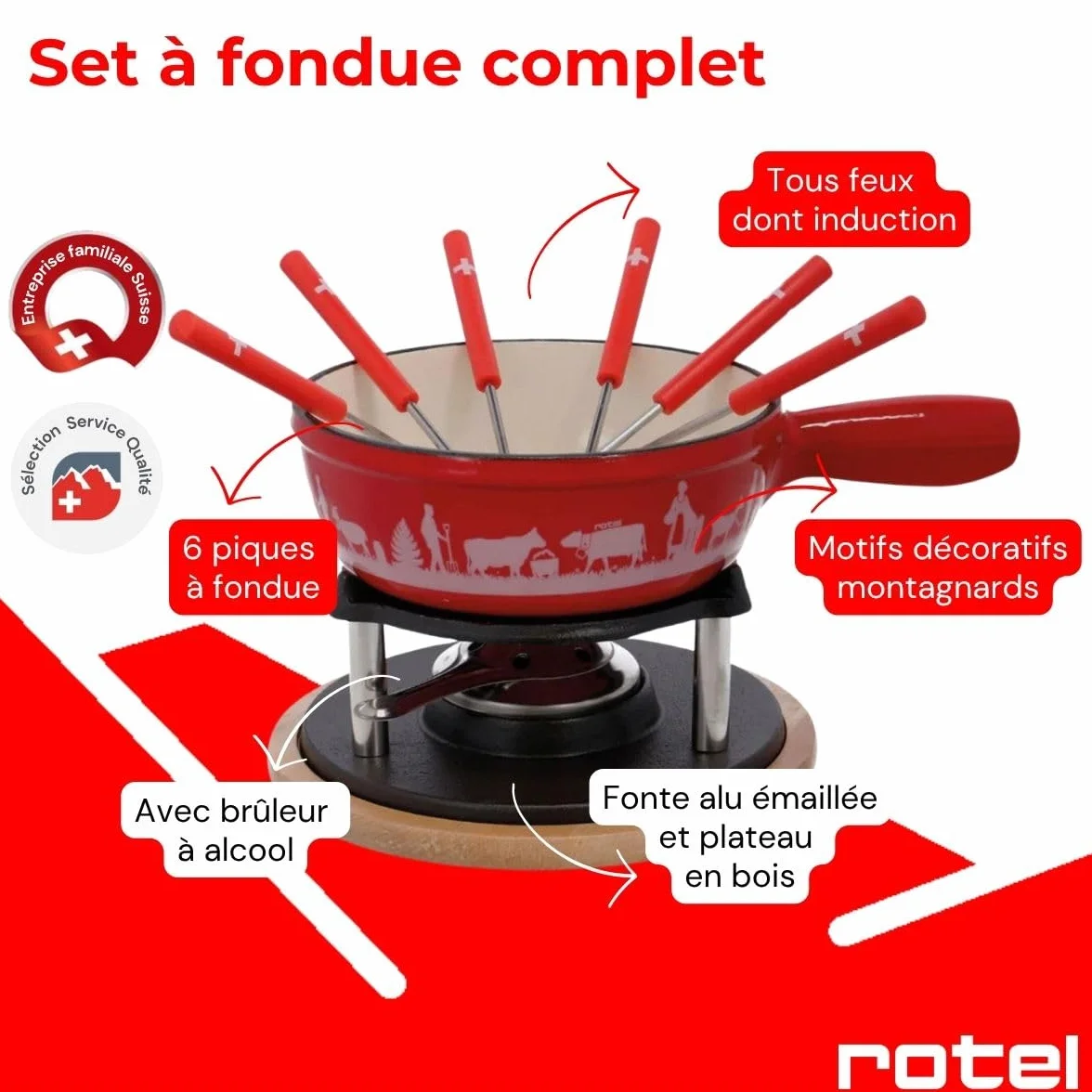 Rotel 1510150 Service à fondue au fromage, fondue traditionnelle Suisse, 2L, 6 personnes, set à fondue, Fonte d'aluminium, Bois, Plastique, Emaille, 21 x 31 x 17,2 cm, diamètre 21 cm