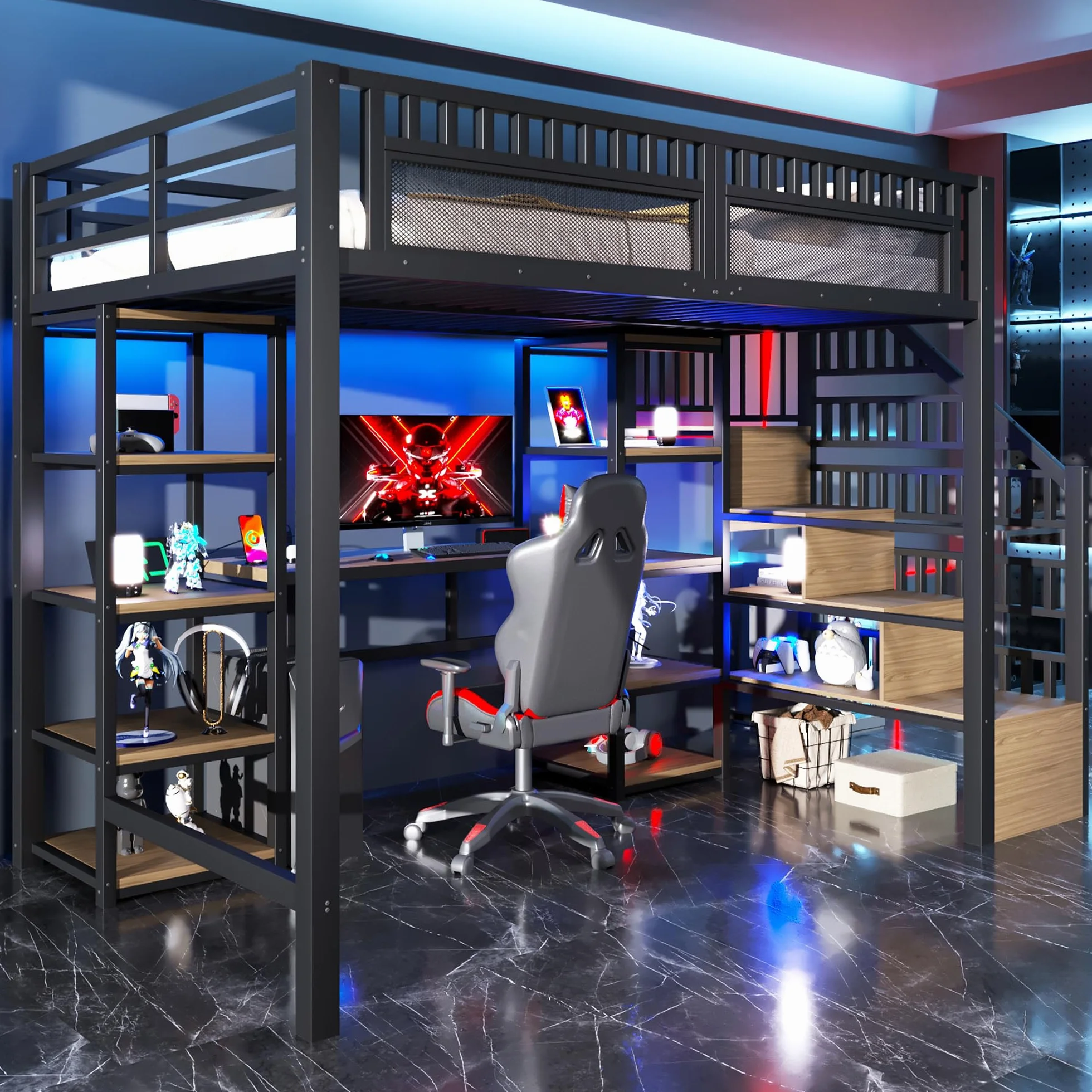 Sapgaks Lit Mezzanine Enfant en Fer 140x200 avec LED,Port USB, Bureau,Compartiment de Rangement,échelle de Rangement,lit superposé avec Garde-Corps,Cadre de lit Mezzanine 2 Place (A-Noir, 140x200)