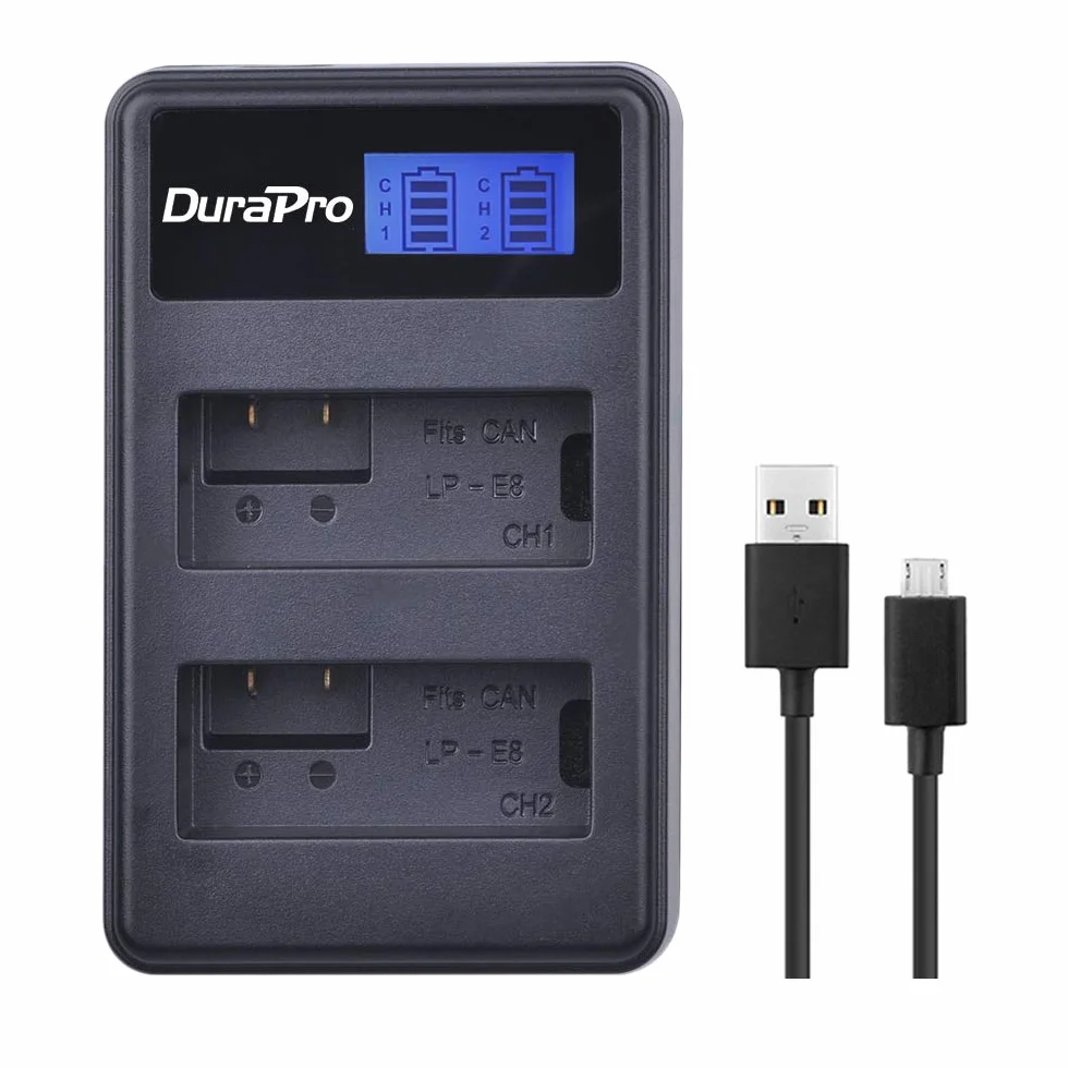 DuraPro 2 szt. akumulator LP-E8 + LED USB Dual ładowarka do Canon LP-E8; Canon EOS 550D, EOS 700D, EOS 600D, EOS 650D, Rebel T2i T3i T4i T5i, Kiss X4 X5 X6i X7i DSLR