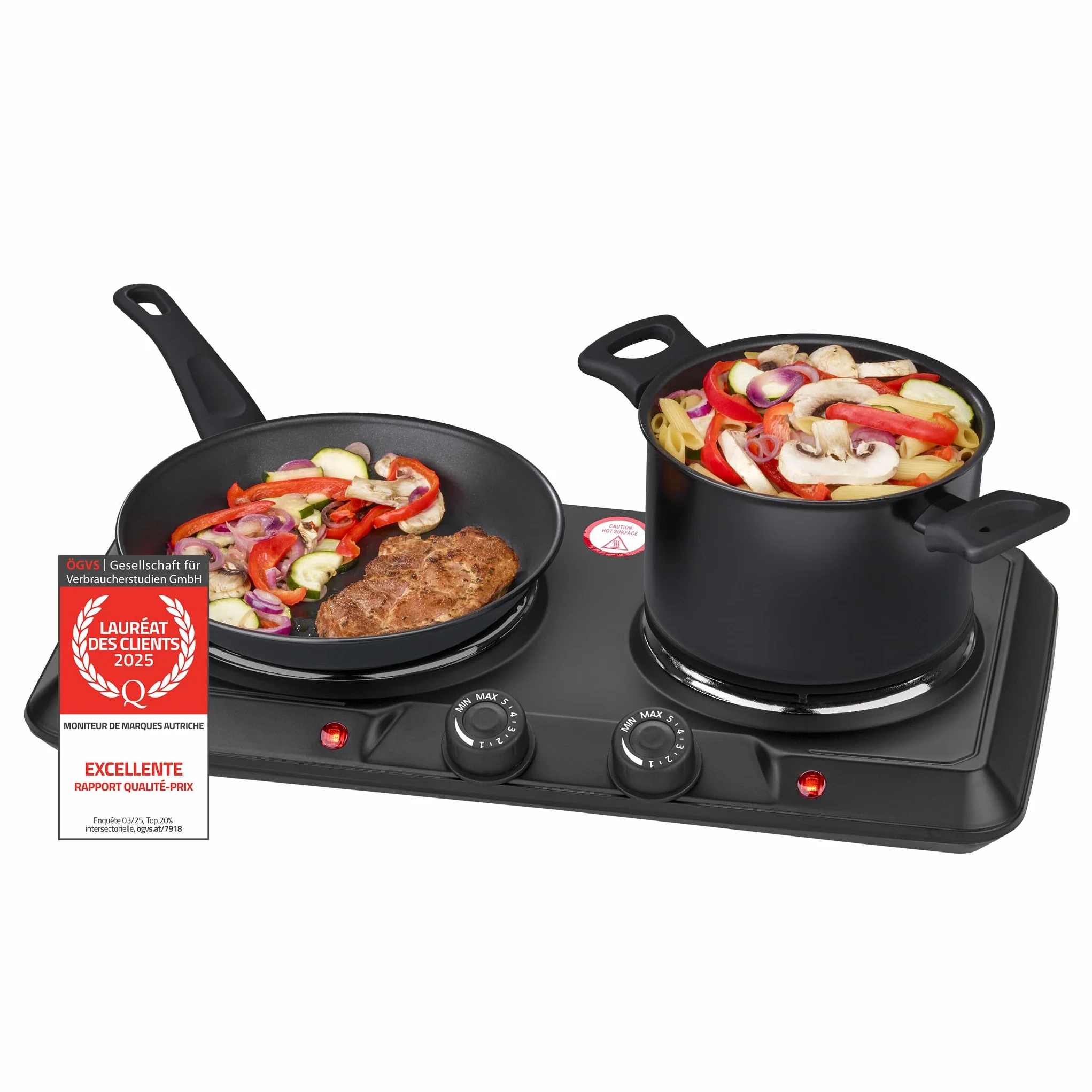 TZS First Austria - Double Plaque de Cuisson 2500W - Foyers en Fonte 180 & 150 mm - Thermostat Réglable - Réchaud Mobile pour Camping & Cuisine - Noir