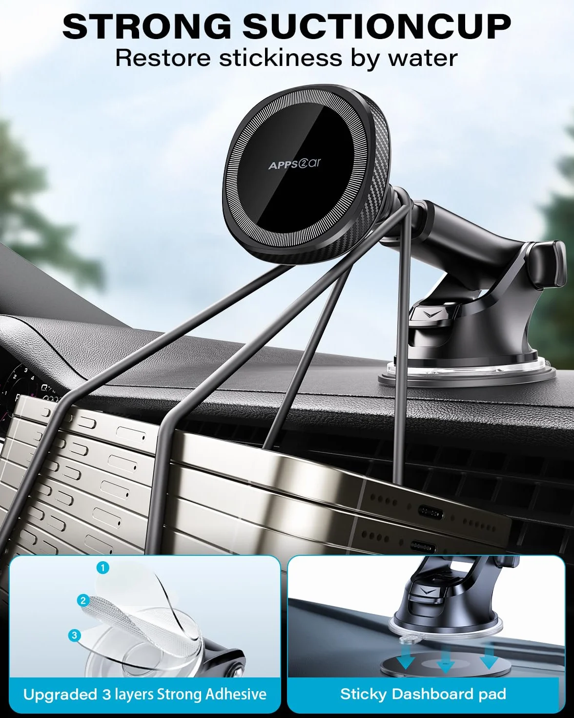 APPS2Car Mag-Safe uchwyt samochodowy, magnetyczny uchwyt na telefon do deski rozdzielczej samochodu, uchwyt samochodowy kompatybilny z iPhone 15, 14, 13, 12 Pro, Plus, Max, Mini MagSafe, 17 silnych
