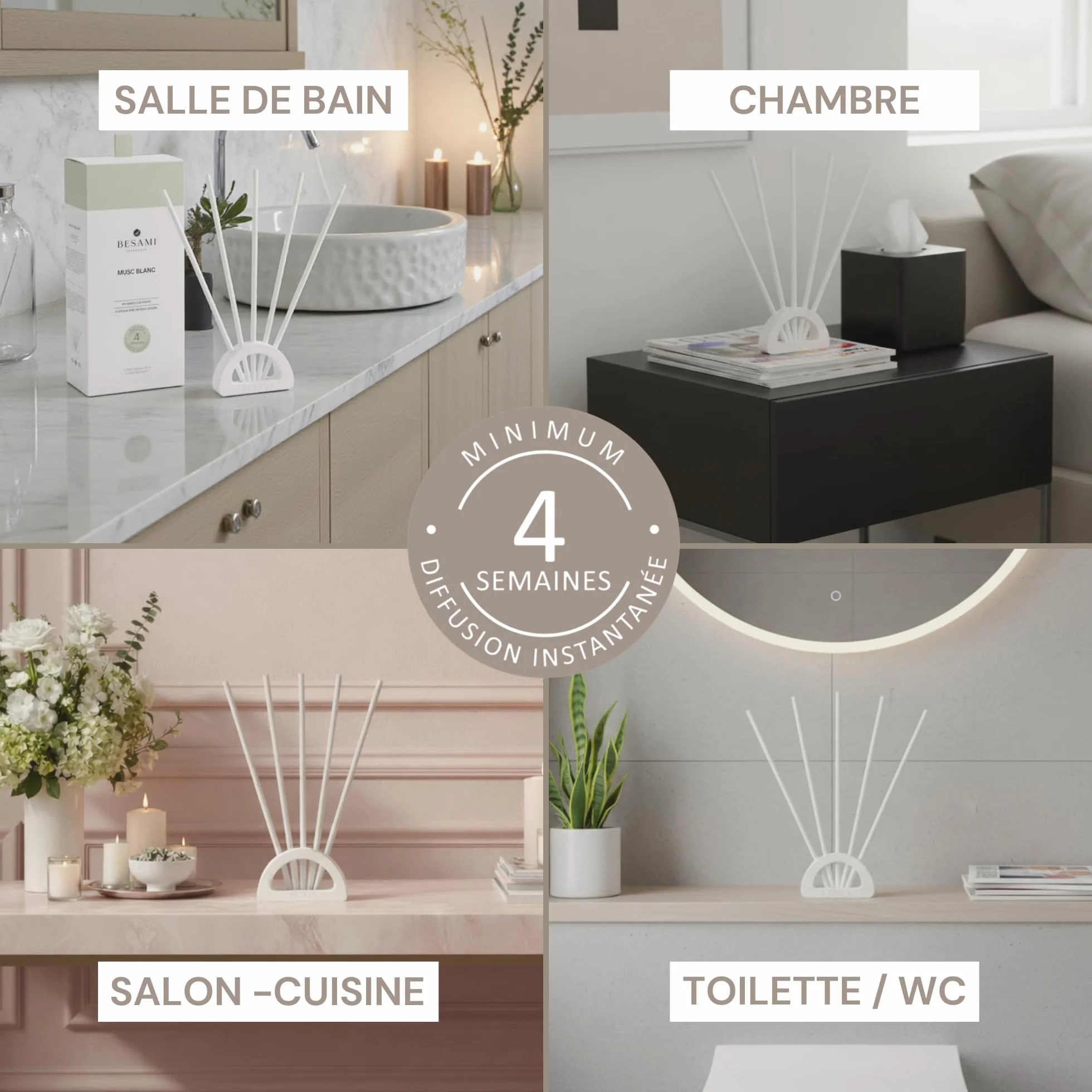 BESAMI Diffuseur Parfum Maison Musc Blanc Bâtonnets Solides Sans Huile ni Alcool 4 Semaines Coffret Cadeau