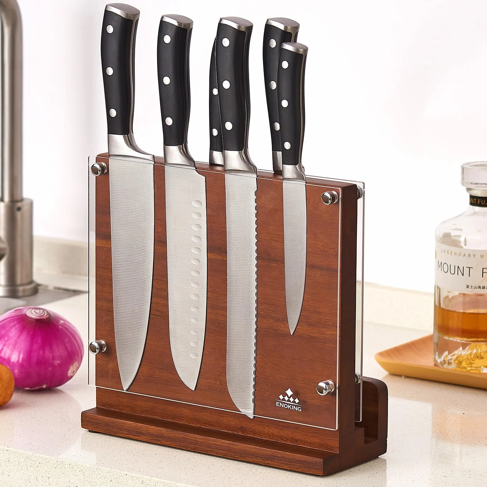 ENOKING Bloc à Couteaux Magnétique, Bloc Aimanté Double Face 26x22 CM - Porte Couteaux Aimanté en Bois d'acacia avec Plaque Protection Acrylique, Range Couteau de Cuisine Vide avec Aimant Puissant