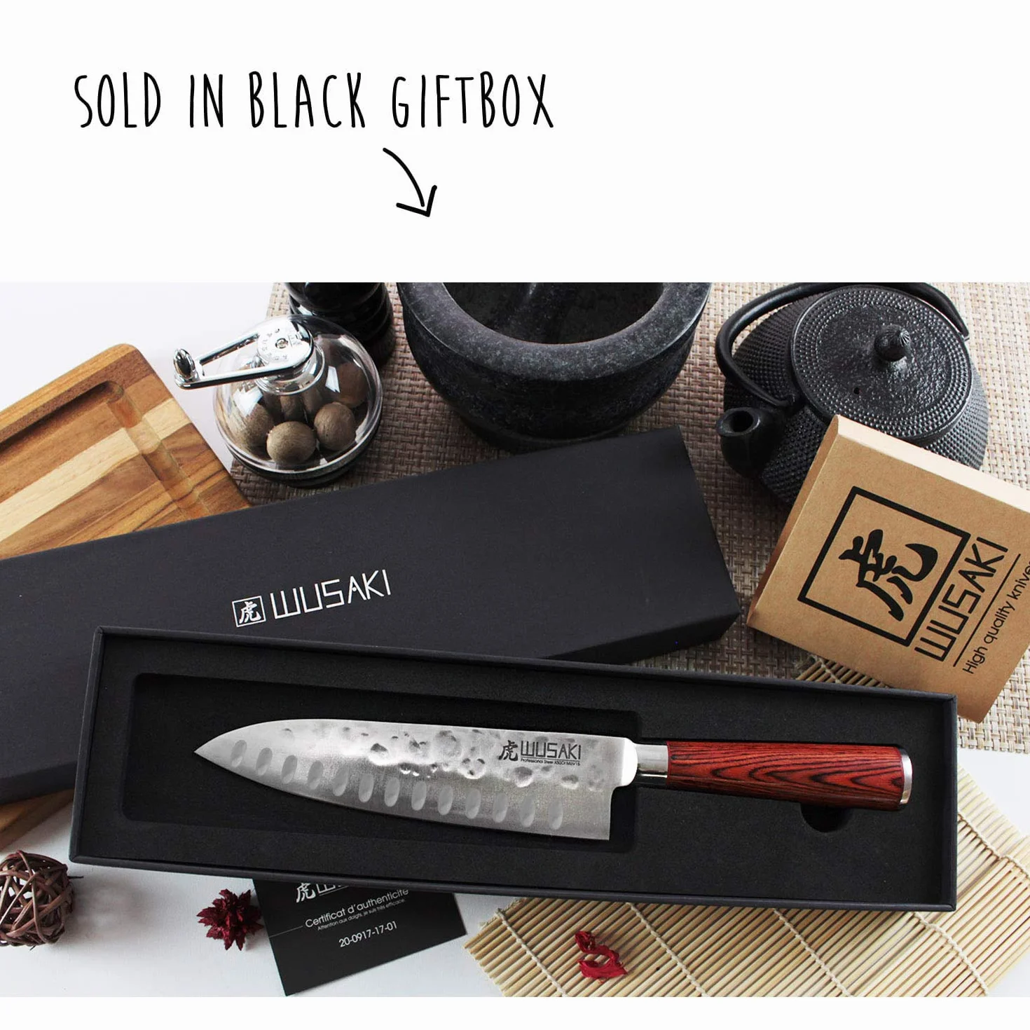 Wusaki Pakka X50 Couteau Santoku lame 17cm acier inox martelé, manche en Pakkawood - Vendu dans un coffret noir