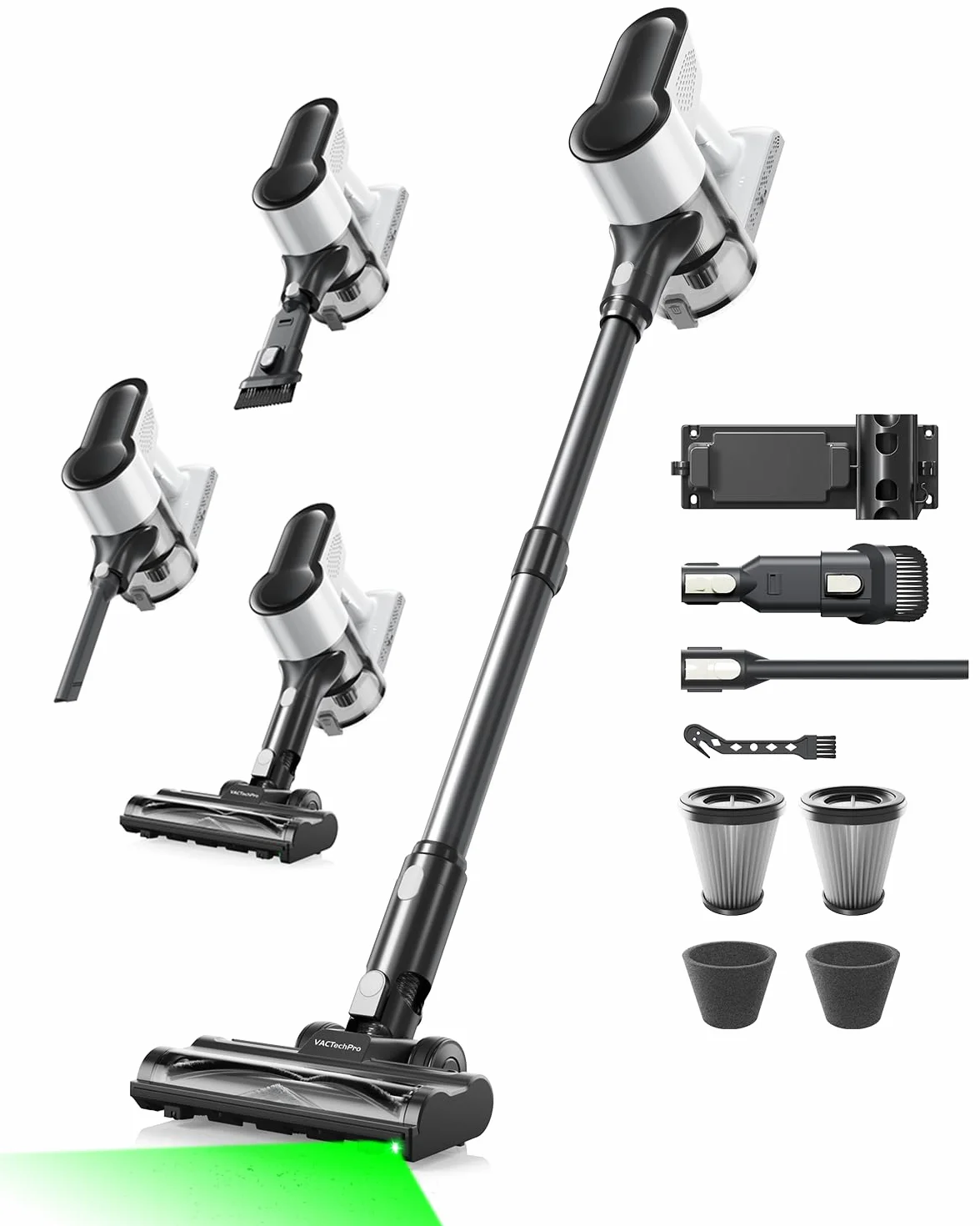 VACTechPro F02 Lite Aspirateur Balai sans Fil, 550 W/50 Min/50 KPa, avec Filtration 8 Couches, pour Sols, Tapis et Cheveux, Noir et Blanc