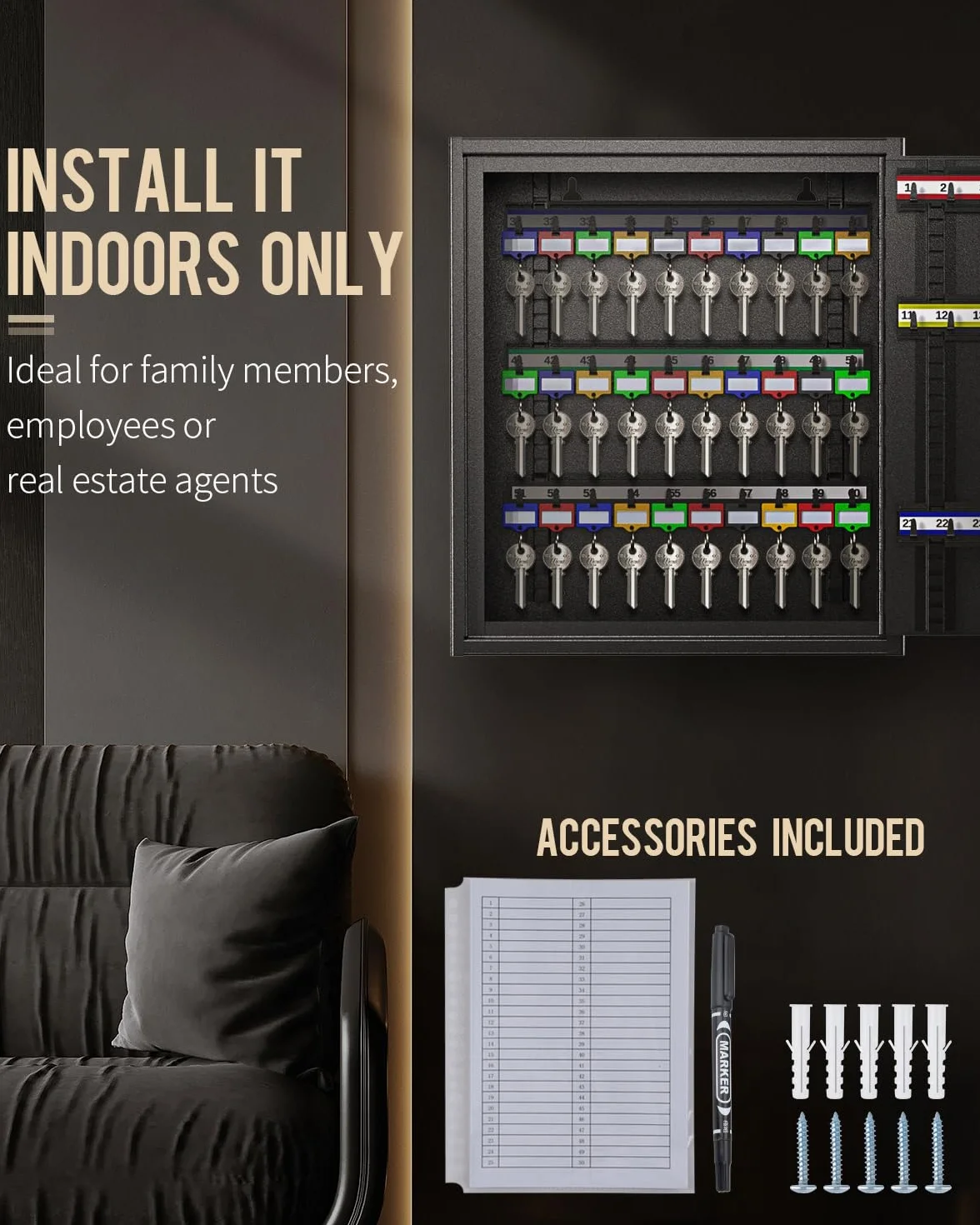 Uniclife Armoire à Clés 60 Positions Combinaison Serrure à Clé Réinitialisable Boîte à Clés Numérique Sécurité Noire