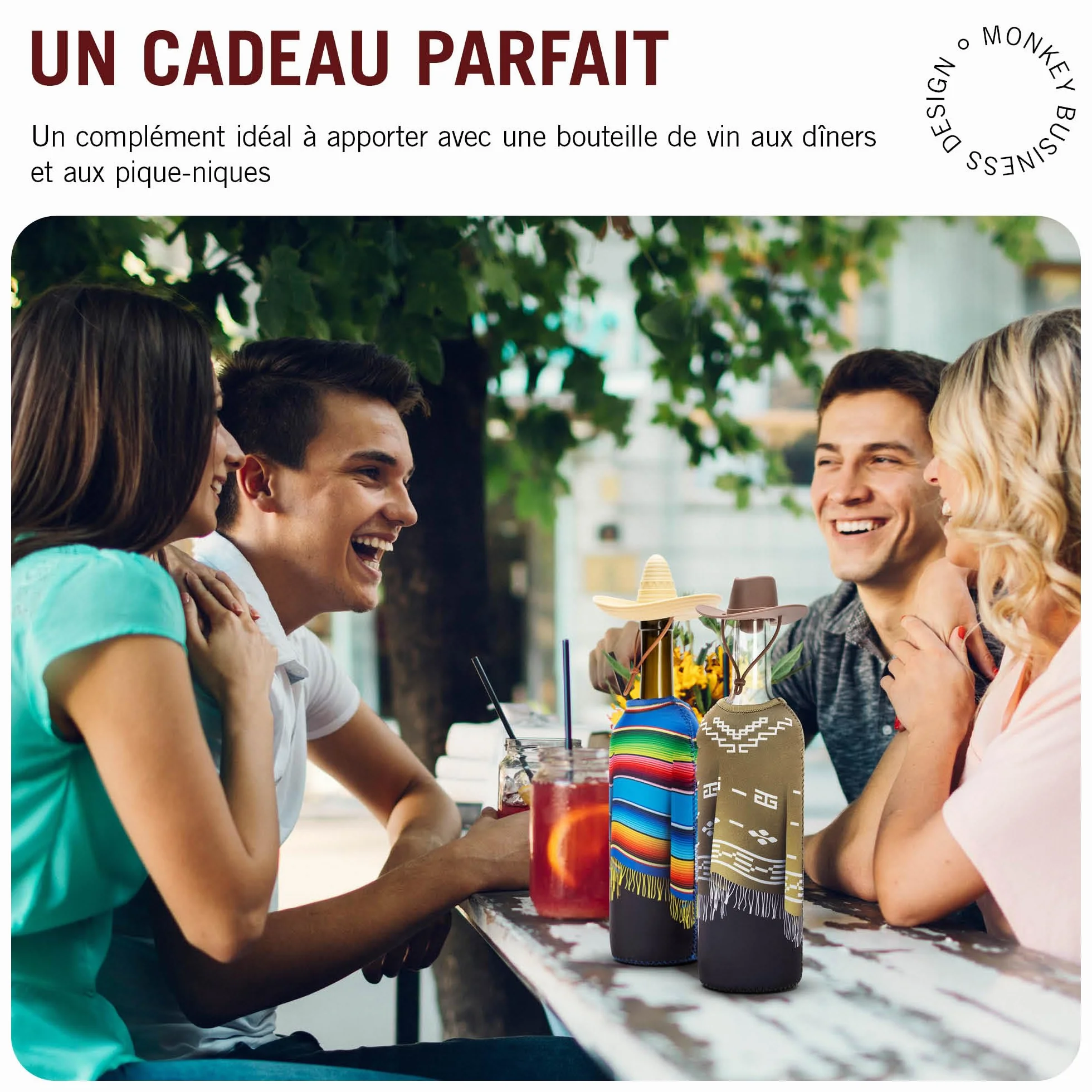Monkey Business Coffret cadeau pour les amateurs de vin / 2 bouchons de bouteille en silicone et 2 ponchos en néoprène/isolez les bouteilles de vin et ouvrez les bouteilles pour plus tard/Wild