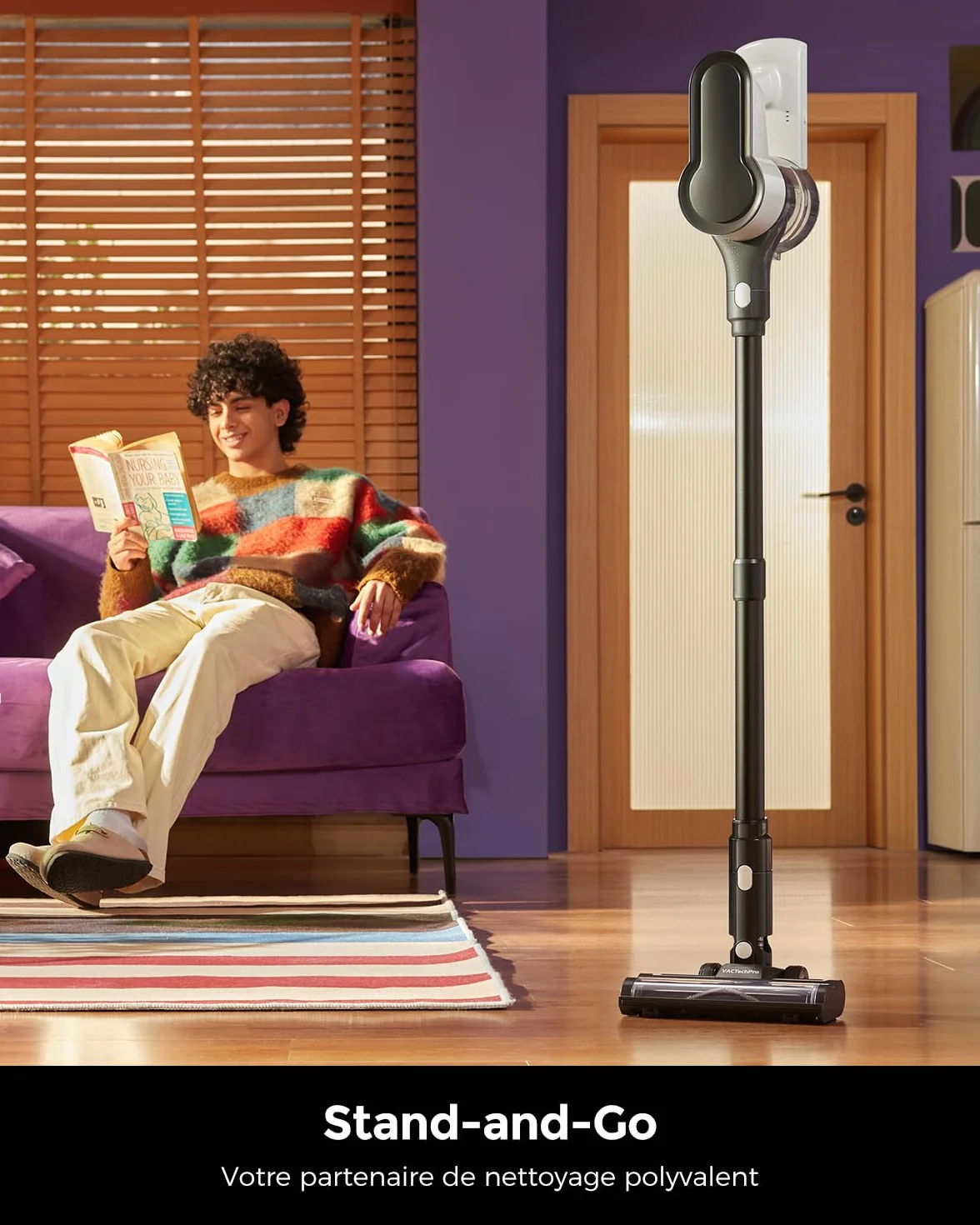 VACTechPro F02 Lite Aspirateur Balai sans Fil, 550 W/50 Min/50 KPa, avec Filtration 8 Couches, pour Sols, Tapis et Cheveux, Noir et Blanc