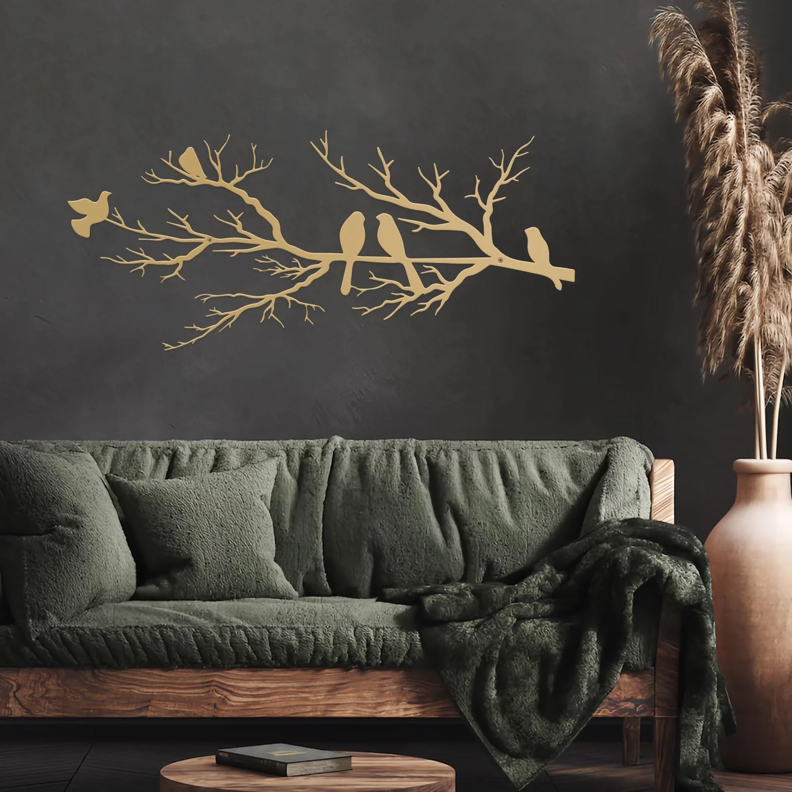 ESTART Décoration murale d'extérieur en métal Silhouette d'oiseaux sur branche Feuilles dorées Sculpture murale