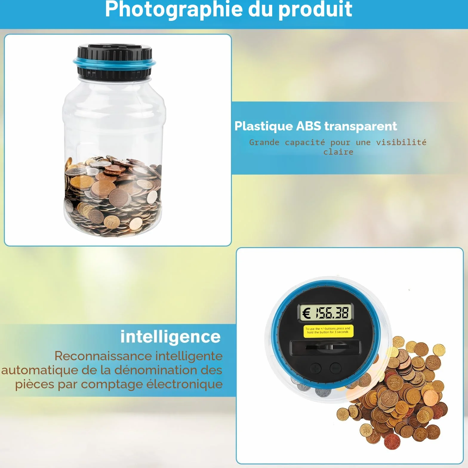 Tirelire numérique électronique avec écran LCD 1,8 l compteur de pièces transparent automatique