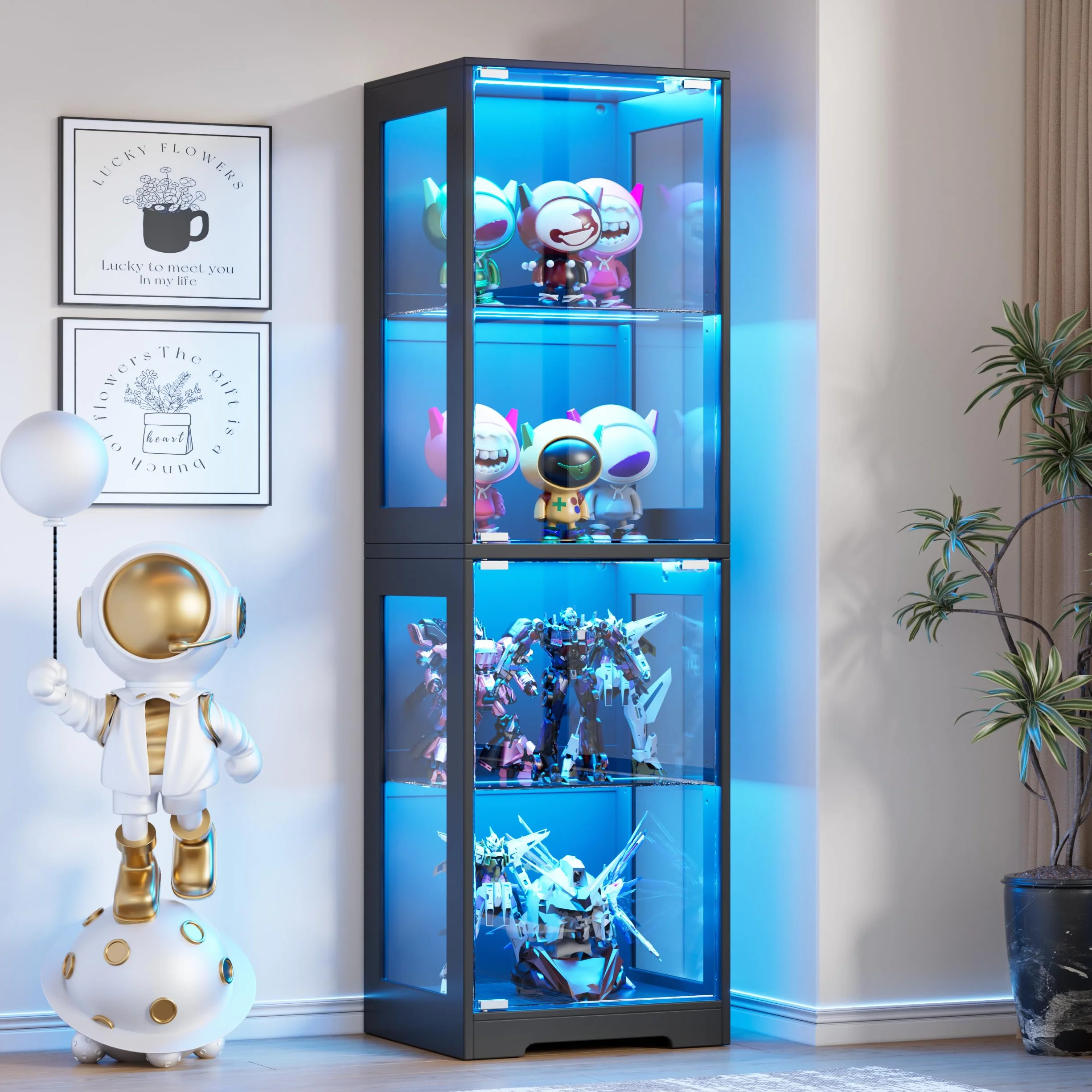Vitrine en Verre avec LED, Vitrine pour Collection, 4 Couches Multifonction en Verre Debout,Armoir de Vitrine Moderne,Armoire de Salon de Collection,Jouets,Livres, 160x40x35cm