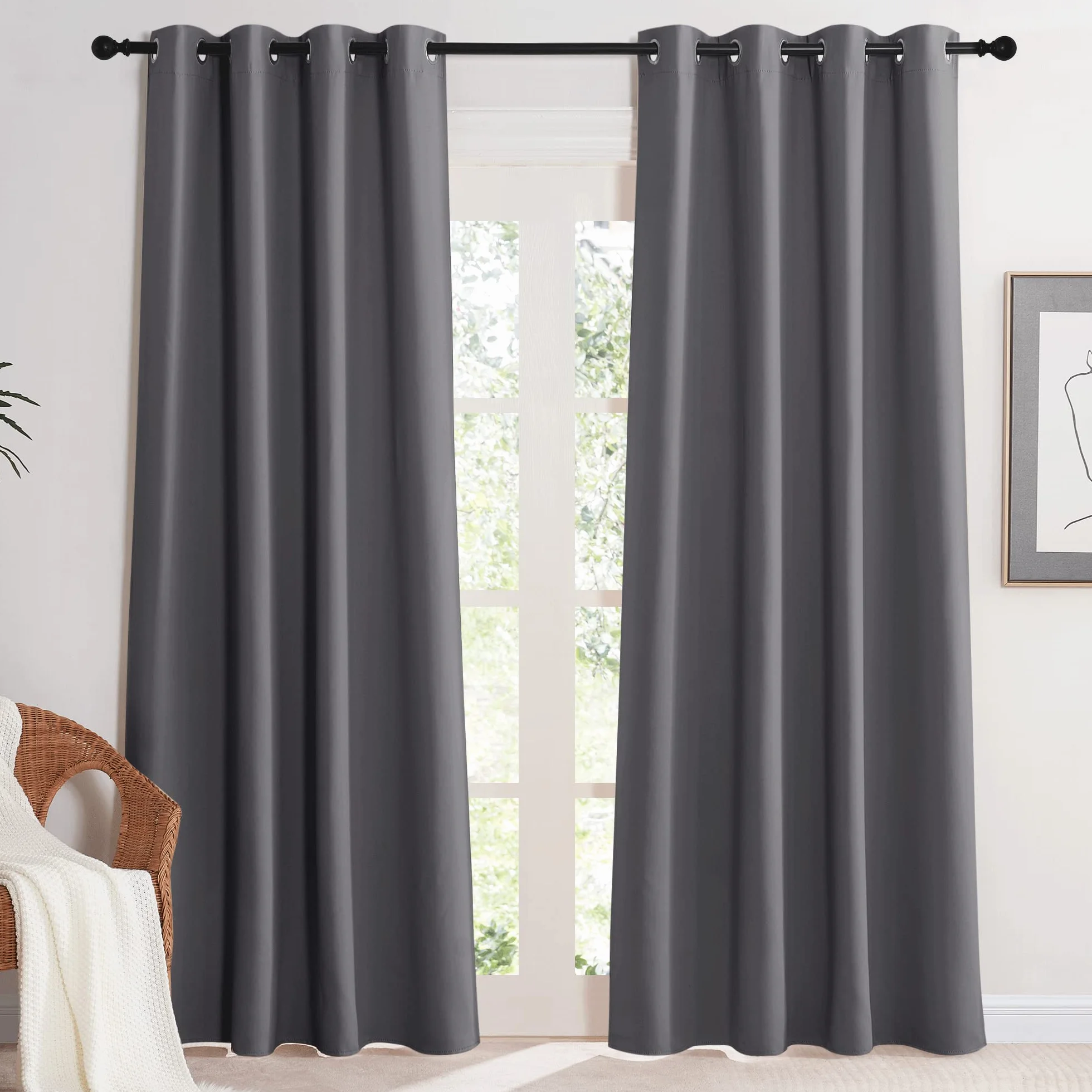 Rideau Occultant Thermique Isolant Anti UV Lot de 2 140x220 cm Gris